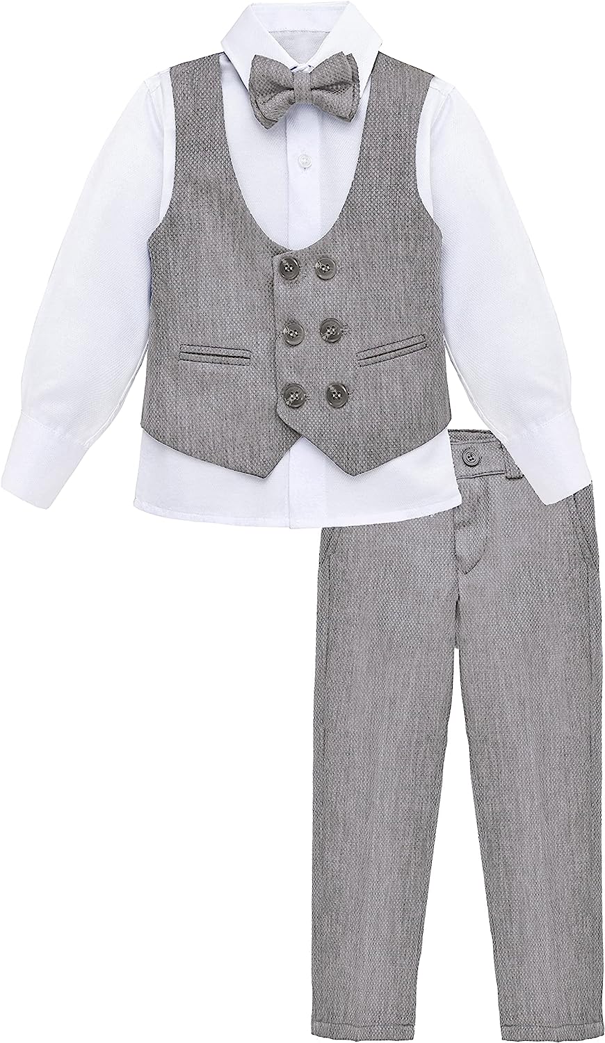 Toddler & Youth Boys 4 Piece Formal Suit Set V-Neck Vest White Dress Shirt Dress Pants and Bowtie LILAX