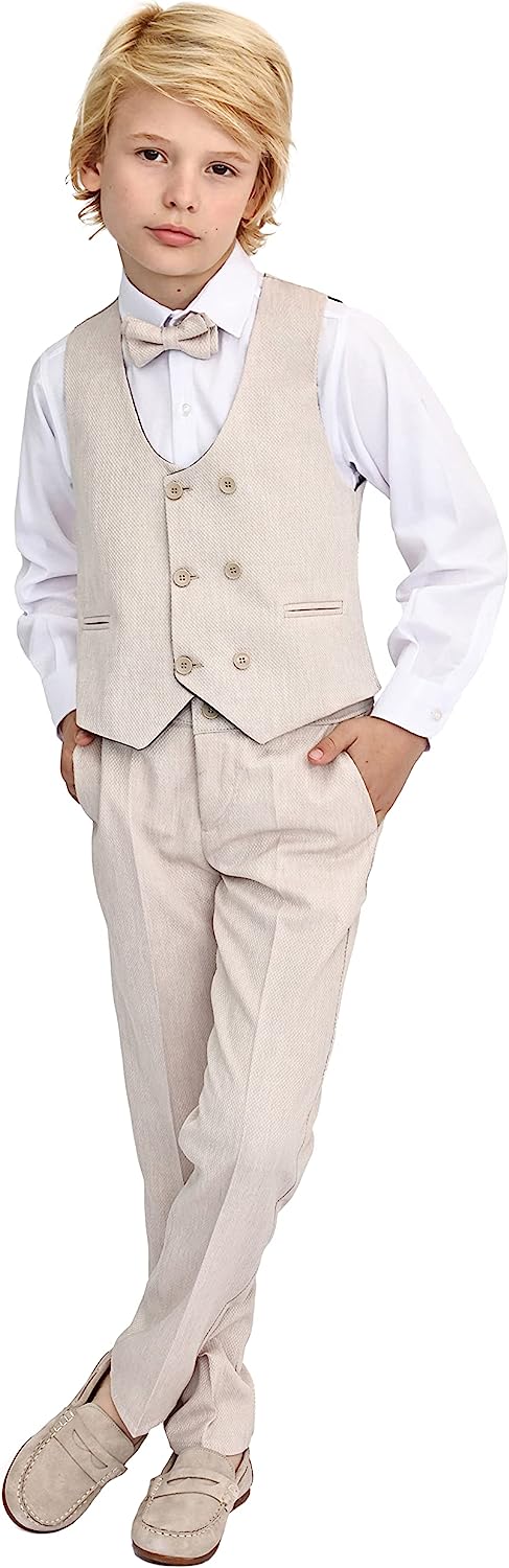 Toddler & Youth Boys 4 Piece Formal Suit Set V-Neck Vest White Dress Shirt Dress Pants and Bowtie LILAX