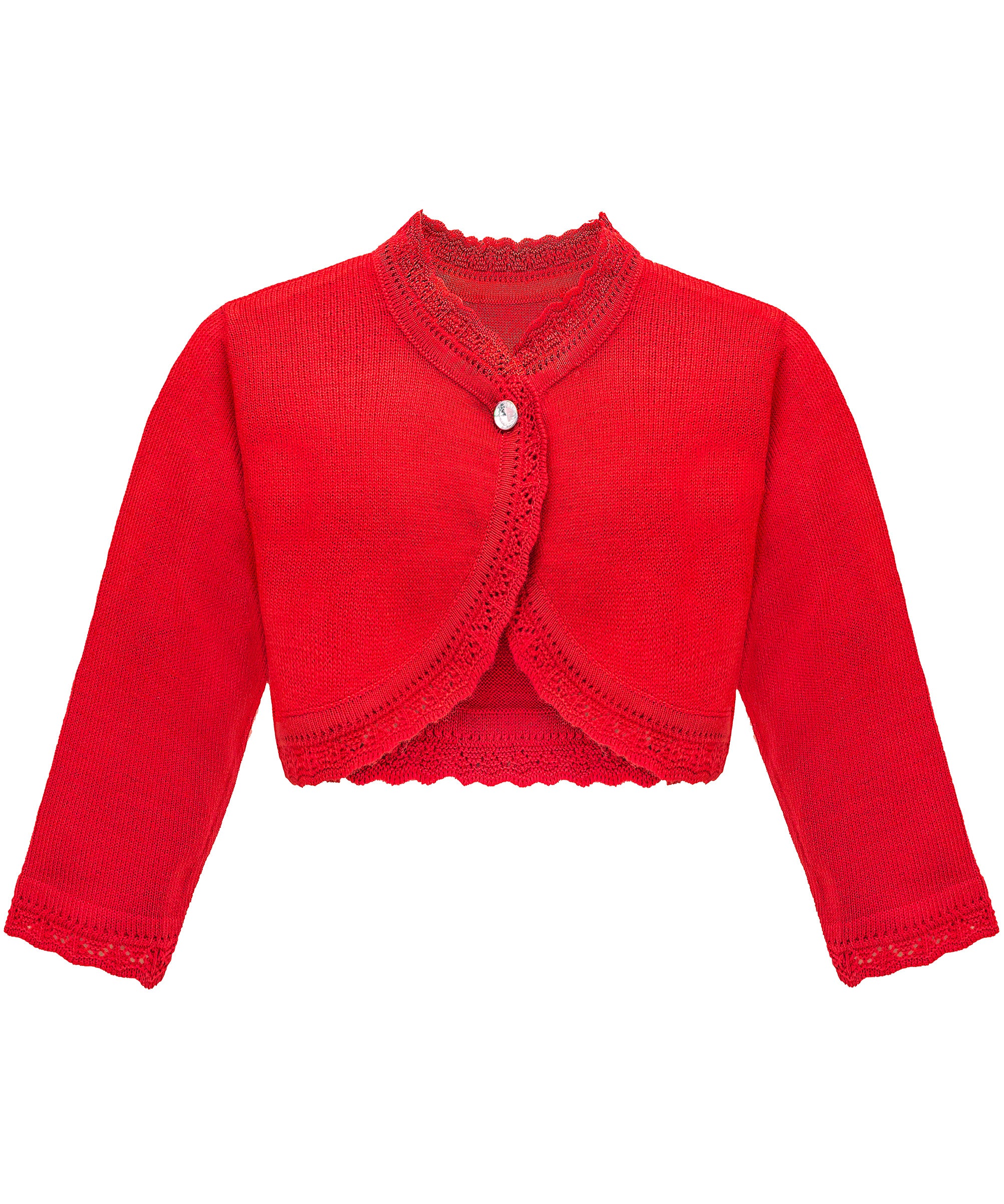 Girls bolero shrug cardigan with curved edges and jeweled button; perfect baby girl clothes & christmas gift ideas 