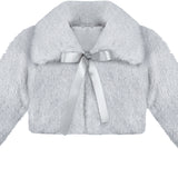 Puffy cozy girls’ bolero jacket with oversized collar and tied bow; perfect girls christmas dress and Christmas gift ideas