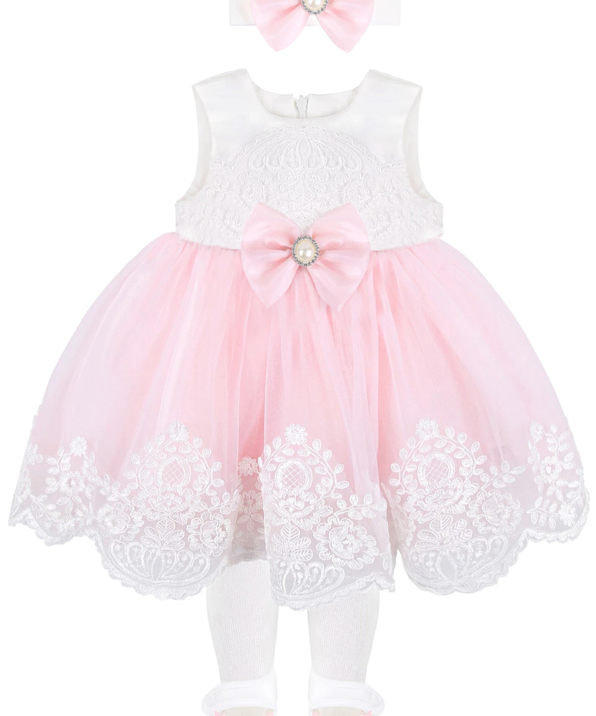 Newborn baby girl dress with lace flower details and  matching headband & shoes; for christening, baptism & Christmas gift ideas 