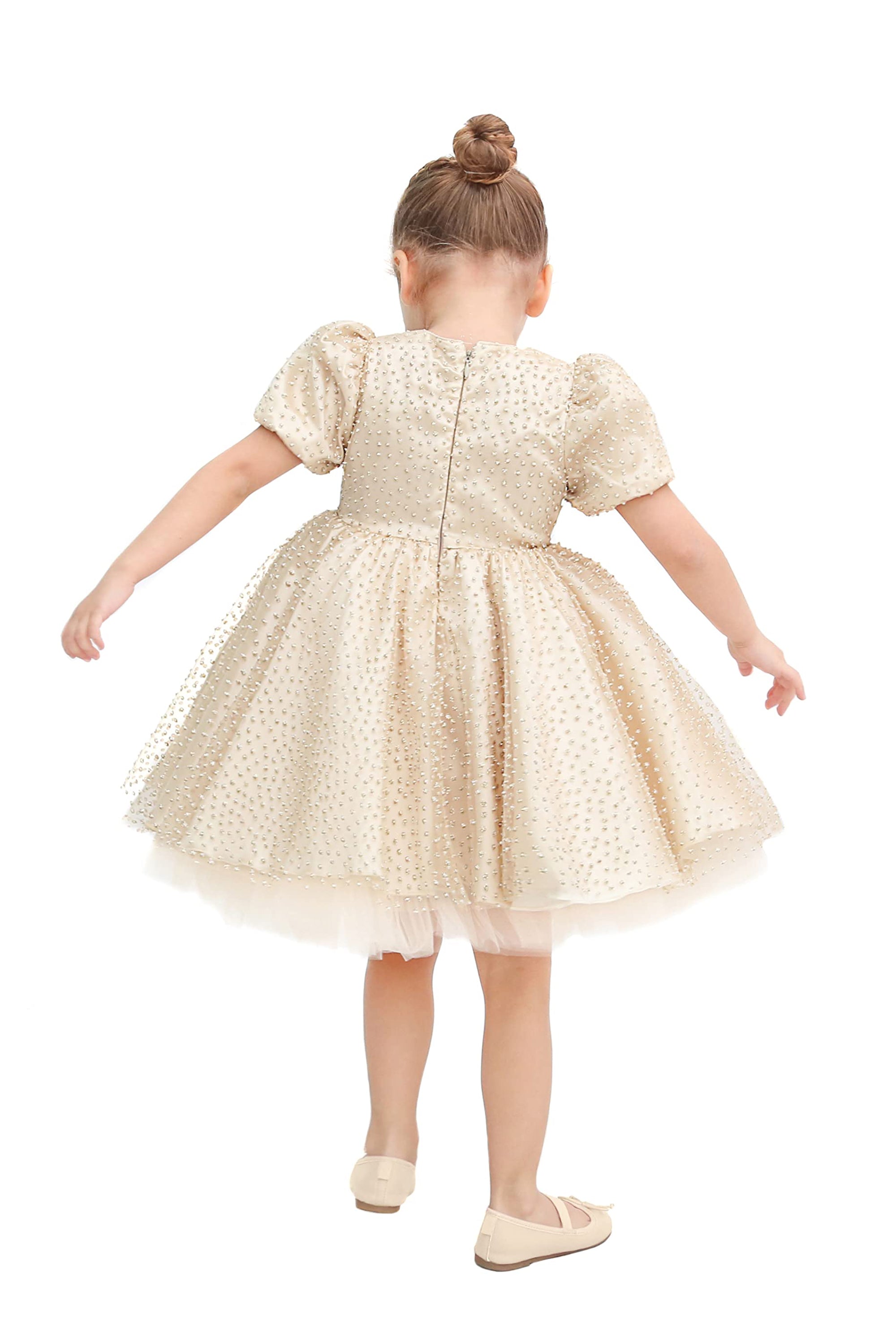 Baby girl gold dress with tulle skirt and polka dots; perfect for baby girl clothes & christmas gift ideas