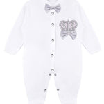 Jeweled crown newborn layette with footie, hat, mittens with bows; perfect christmas pajamas and christmas gift ideas