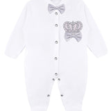 Jeweled crown newborn layette with footie, hat, mittens with bows; perfect christmas pajamas and christmas gift ideas