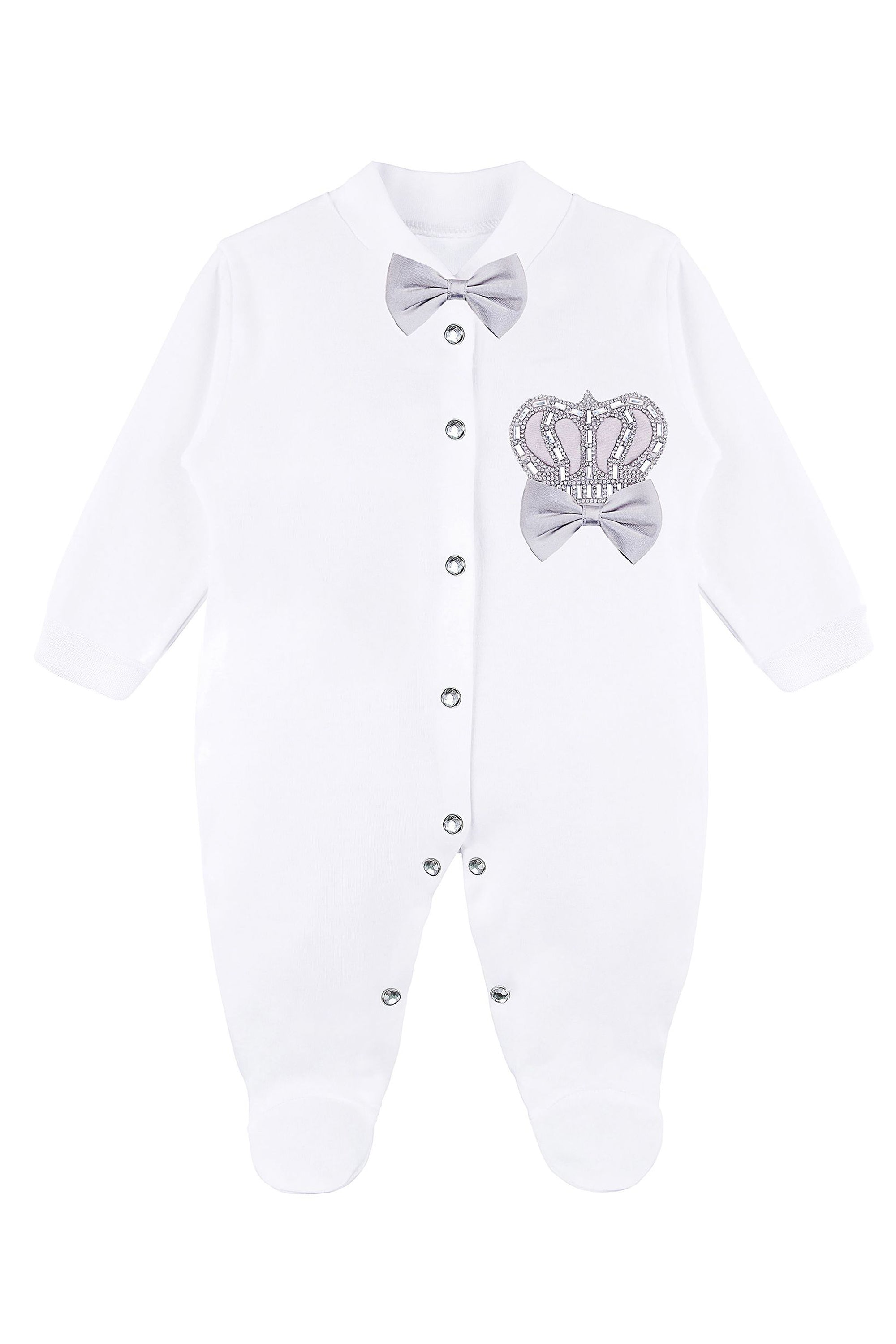 Jeweled crown newborn layette with footie, hat, mittens with bows; perfect christmas pajamas and christmas gift ideas