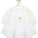 Newborn baby girl dress with lace flower details and  matching headband & shoes; for christening, baptism & Christmas gift ideas 