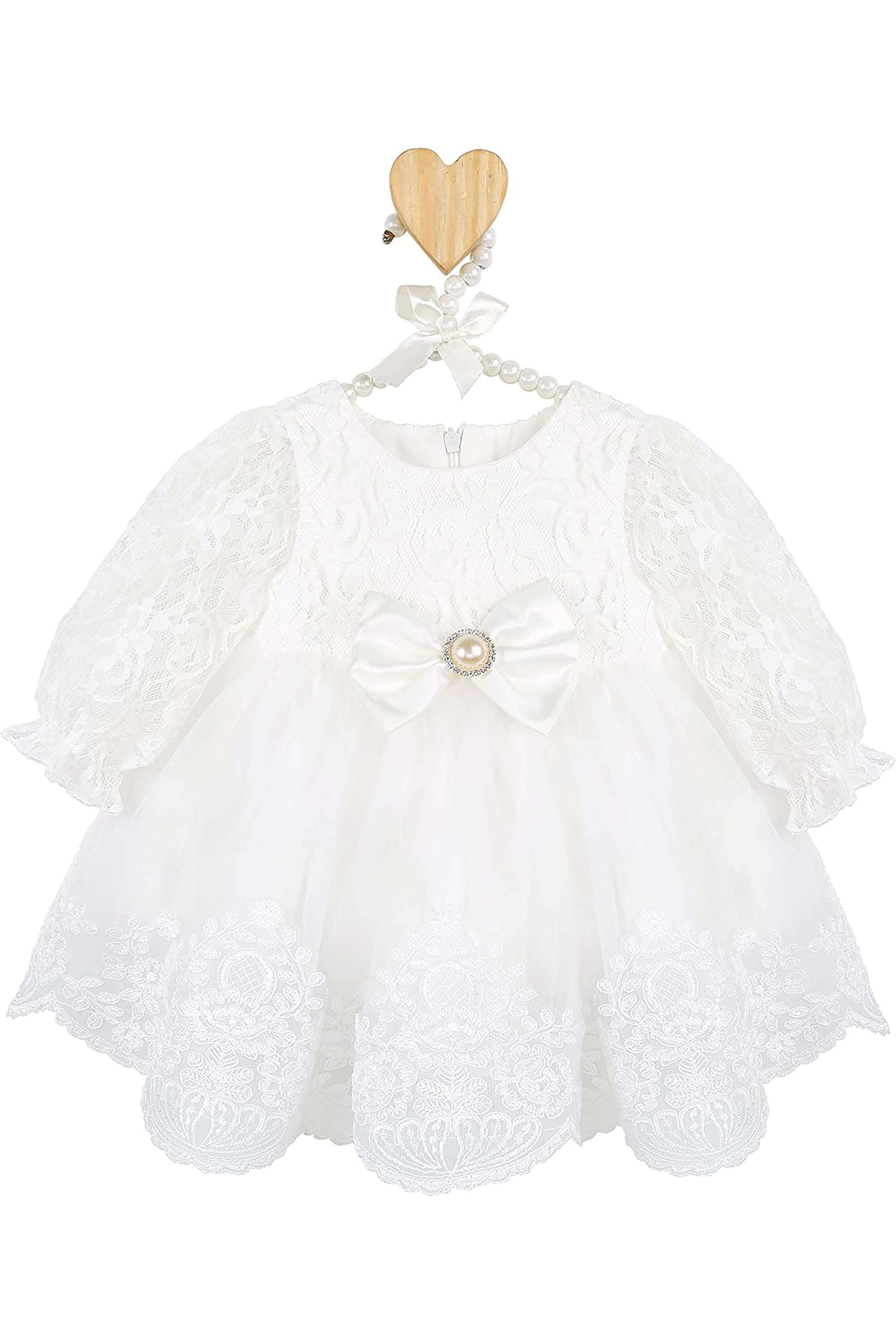 Newborn baby girl dress with lace flower details and  matching headband & shoes; for christening, baptism & Christmas gift ideas 