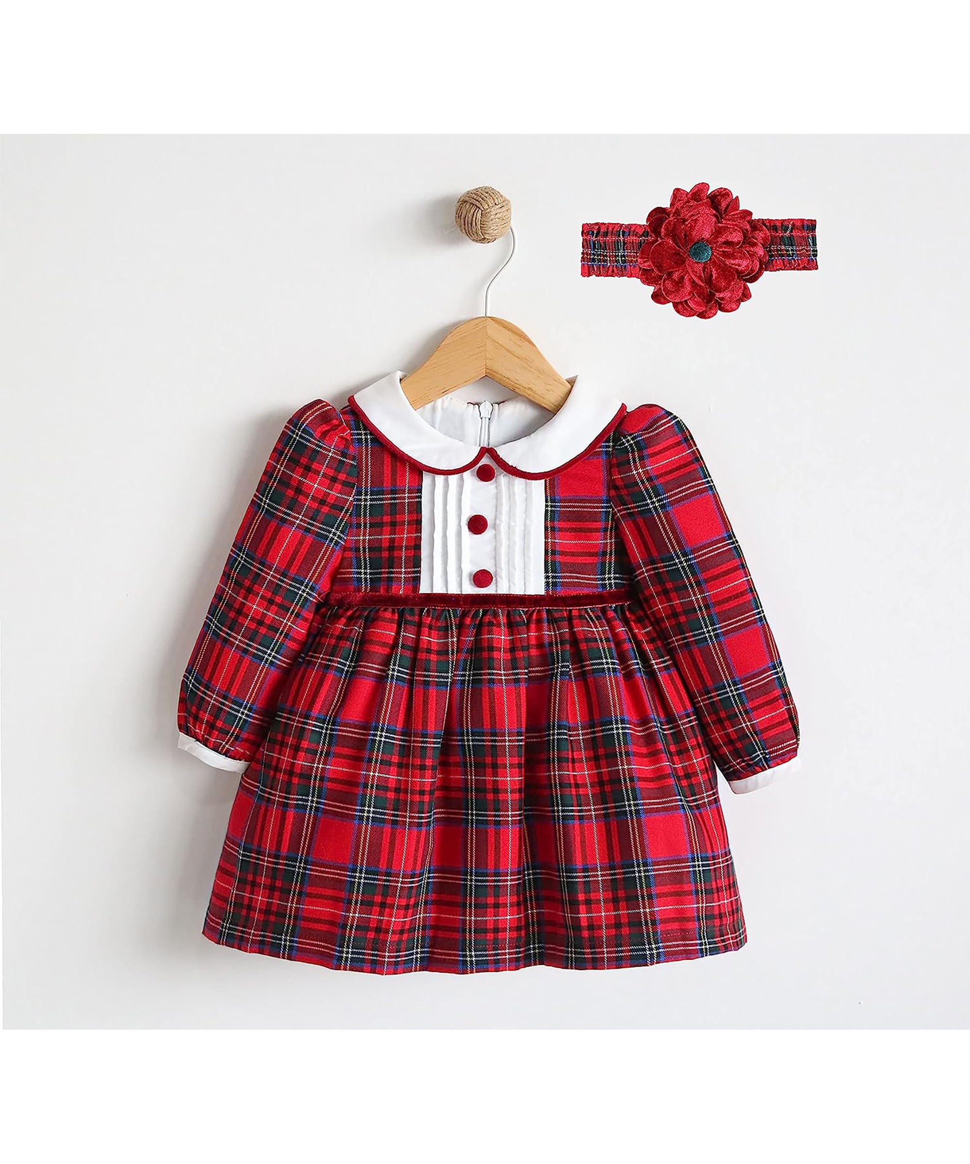 Plaid cotton baby girl clothes with ruffle and lace details and bows; perfect girls Christmas dress & Christmas gift ideas