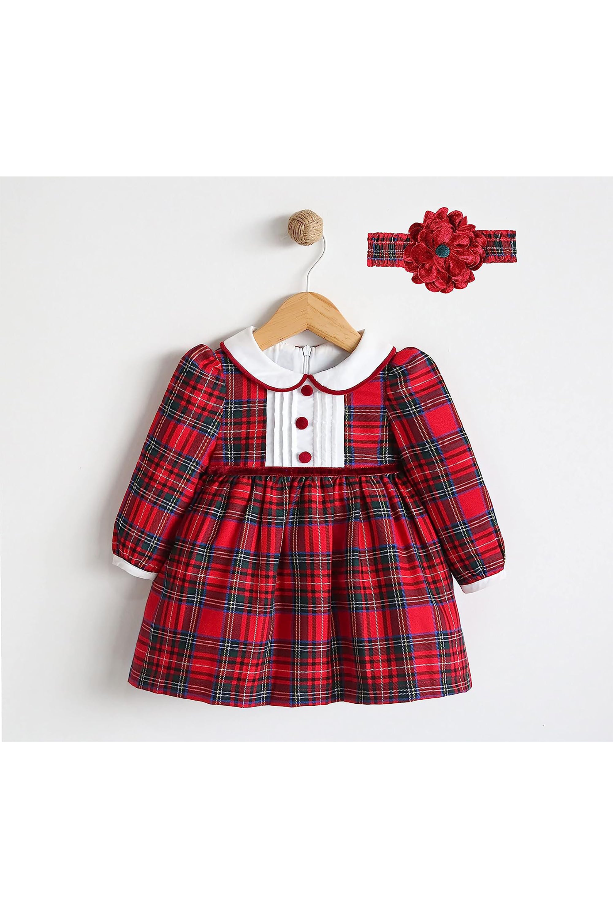 Baby Girls' Plaid Dress Set, Holiday Outfit with Elastic Flower Headband LILAX