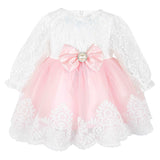 Newborn baby girl dress with lace flower details and  matching headband & shoes; for christening, baptism & Christmas gift ideas 