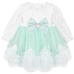 Newborn baby girl dress with lace flower details and  matching headband & shoes; for christening, baptism & Christmas gift ideas 