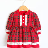 Plaid cotton baby girl clothes with ruffle and lace details and bows; perfect girls Christmas dress & Christmas gift ideas  