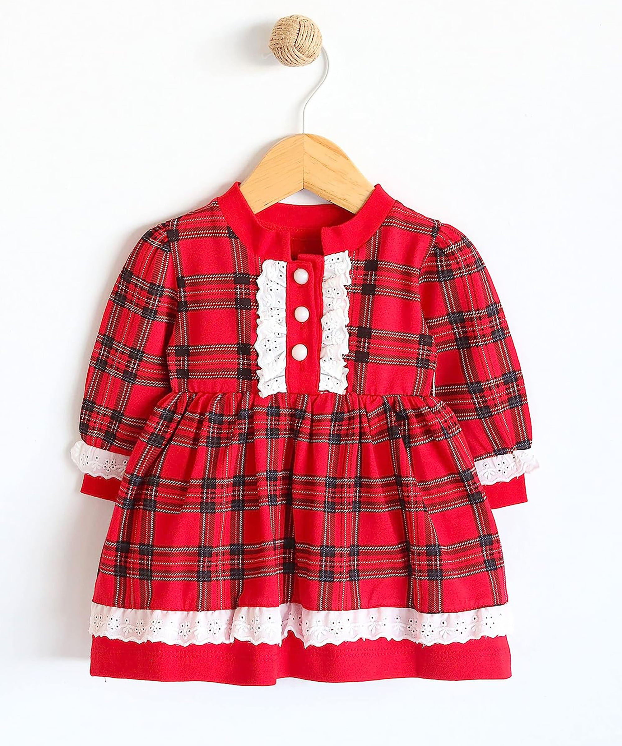 Plaid cotton baby girl clothes with ruffle and lace details and bows; perfect girls Christmas dress & Christmas gift ideas