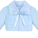 Puffy cozy girls’ bolero jacket with oversized collar and tied bow; perfect girls christmas dress and Christmas gift ideas