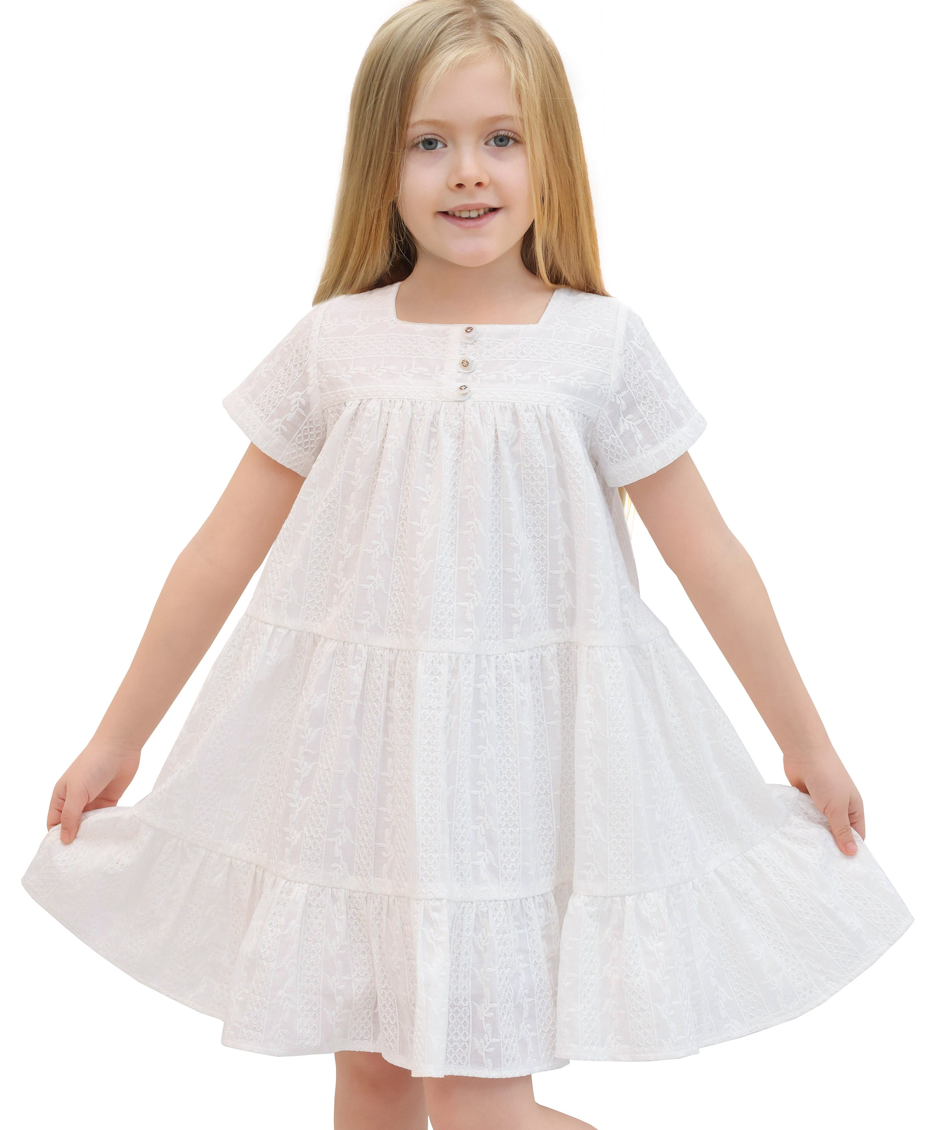 Squareneck cotton girls dress with flower embroidery; perfect for baby clothes & Christmas gift ideas 