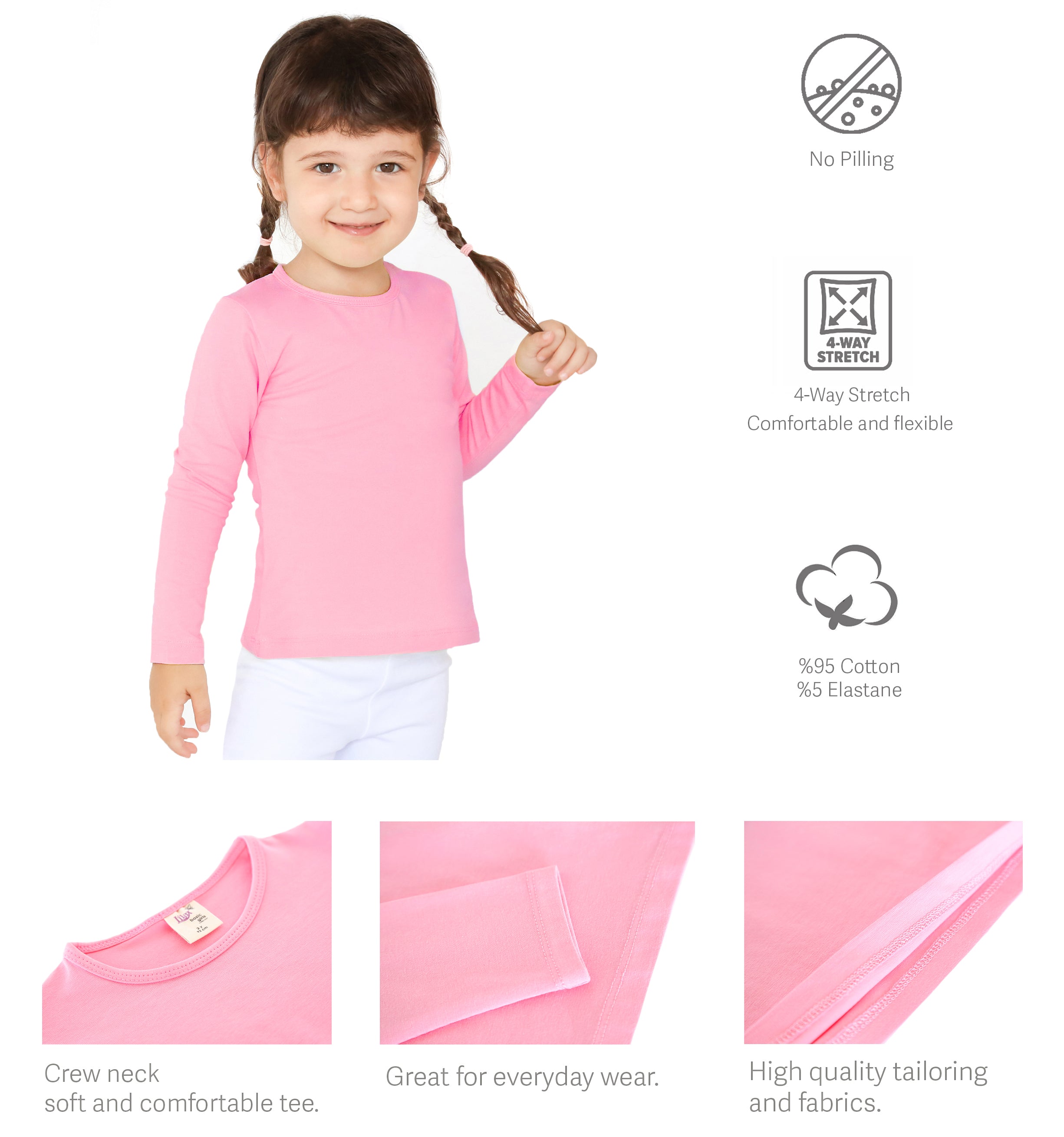 Girls' Basic Crewneck Long Sleeve Cotton T-Shirt  / 5 to 7 Years lilax