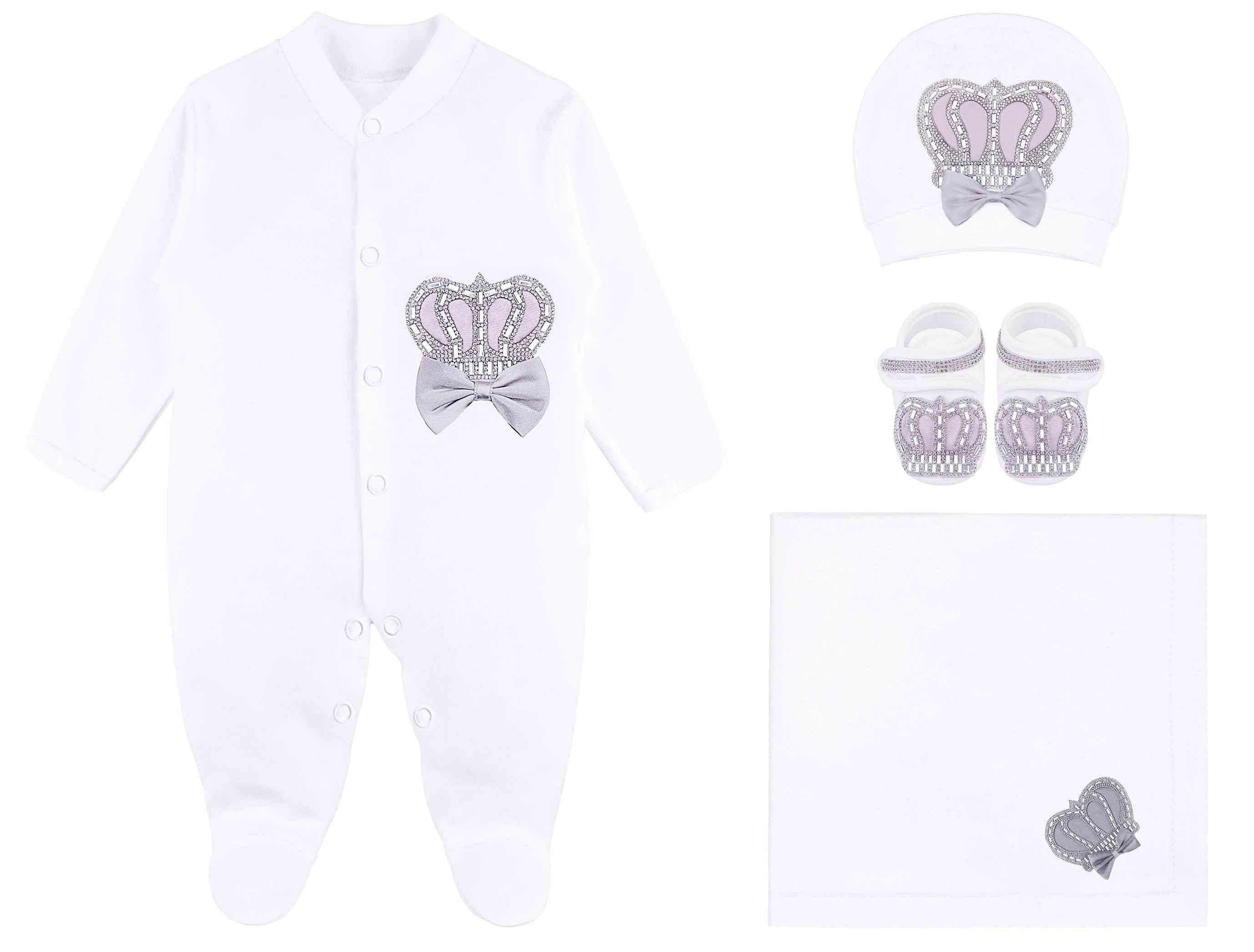 Jeweled crown layette with footie, hat, mittens with bows; perfect Christmas pajamas, baby essentials, Christmas gift ideas 