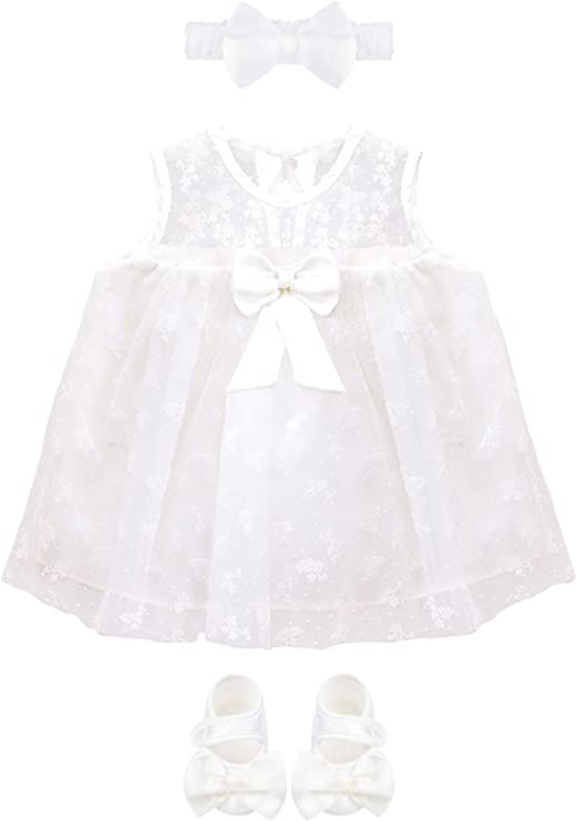 Baby girl tulle-skirt dress bow details; for baby girl clothes & christmas gift ideas