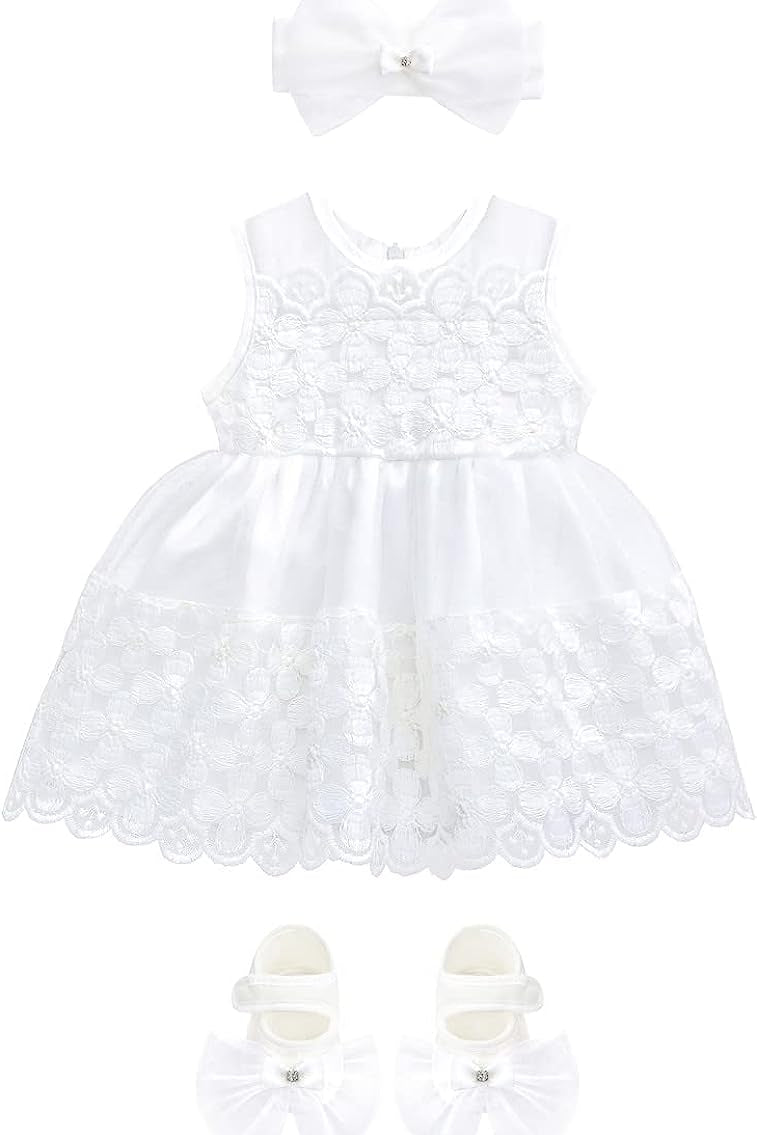 Baby Girls' Lacy Tulle Sleeveless White Dress 3 Piece Wedding Outfit