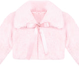 Puffy cozy girls’ bolero jacket with oversized collar and tied bow; perfect girls christmas dress and Christmas gift ideas