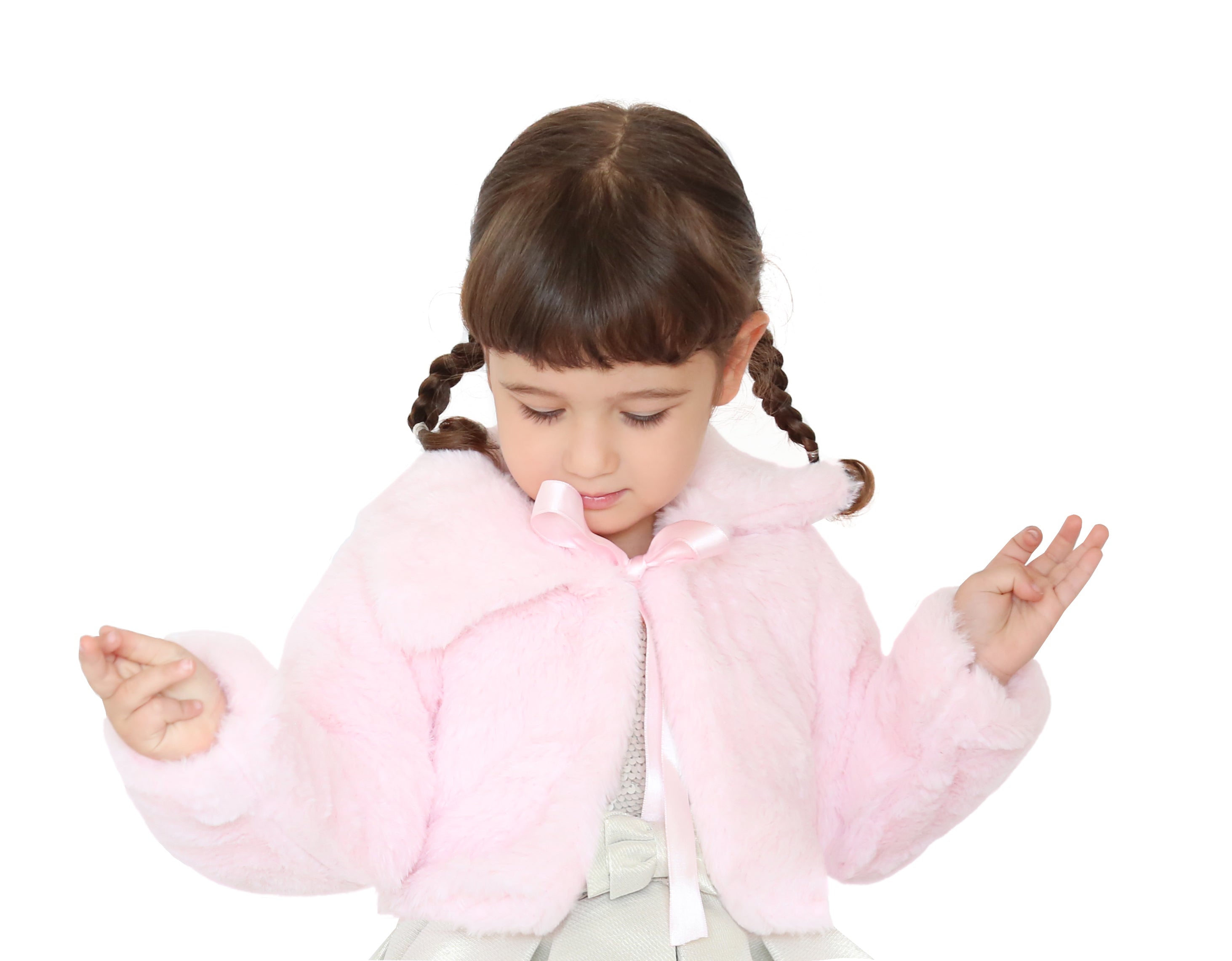 Puffy cozy girls’ bolero jacket with oversized collar and tied bow; perfect girls christmas dress and Christmas gift ideas 