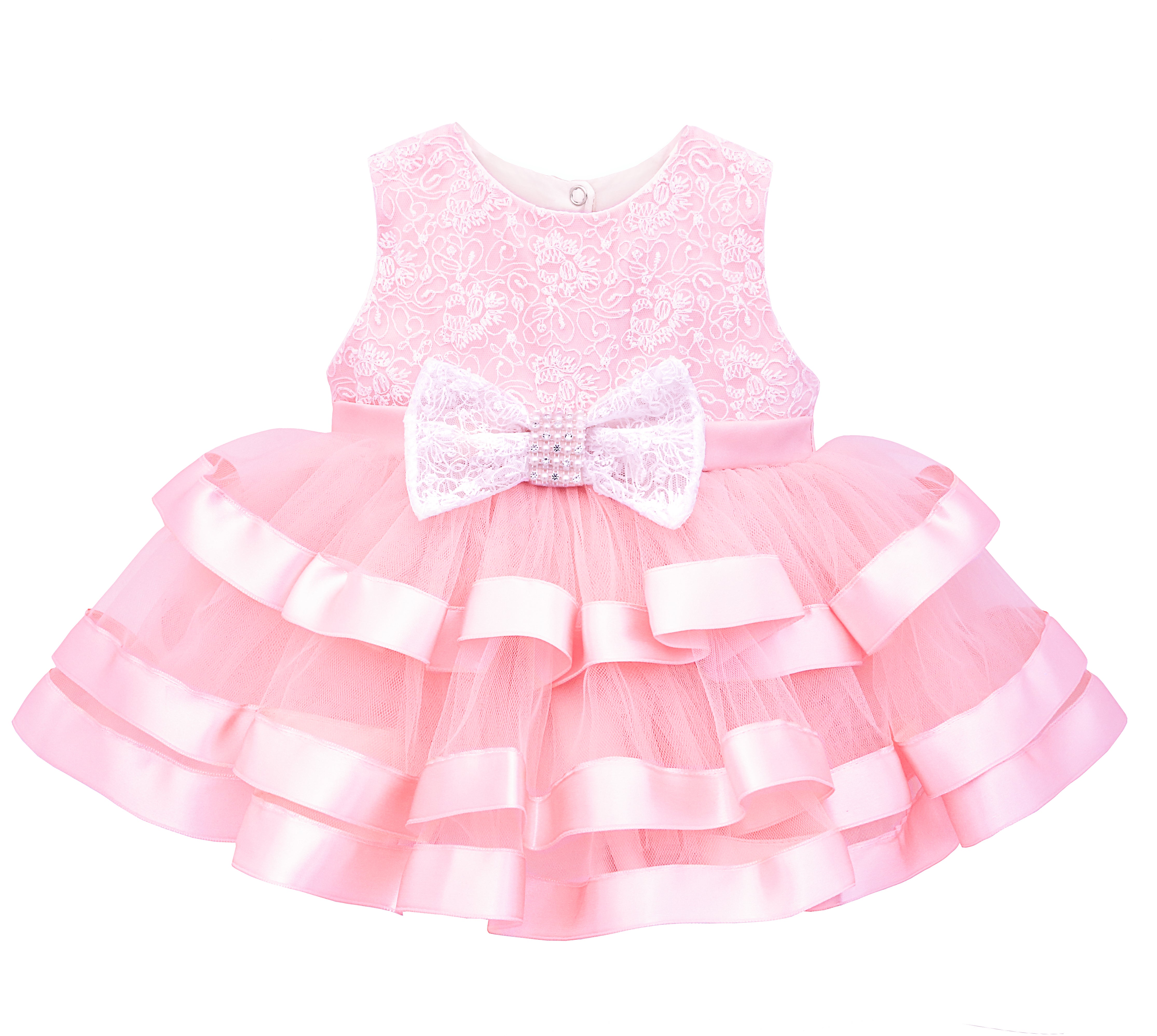 Baby girls lace detailed dress with layered tulle skirt and bow attached satin belt; perfect for baby girl clothes & christmas gift ideas  