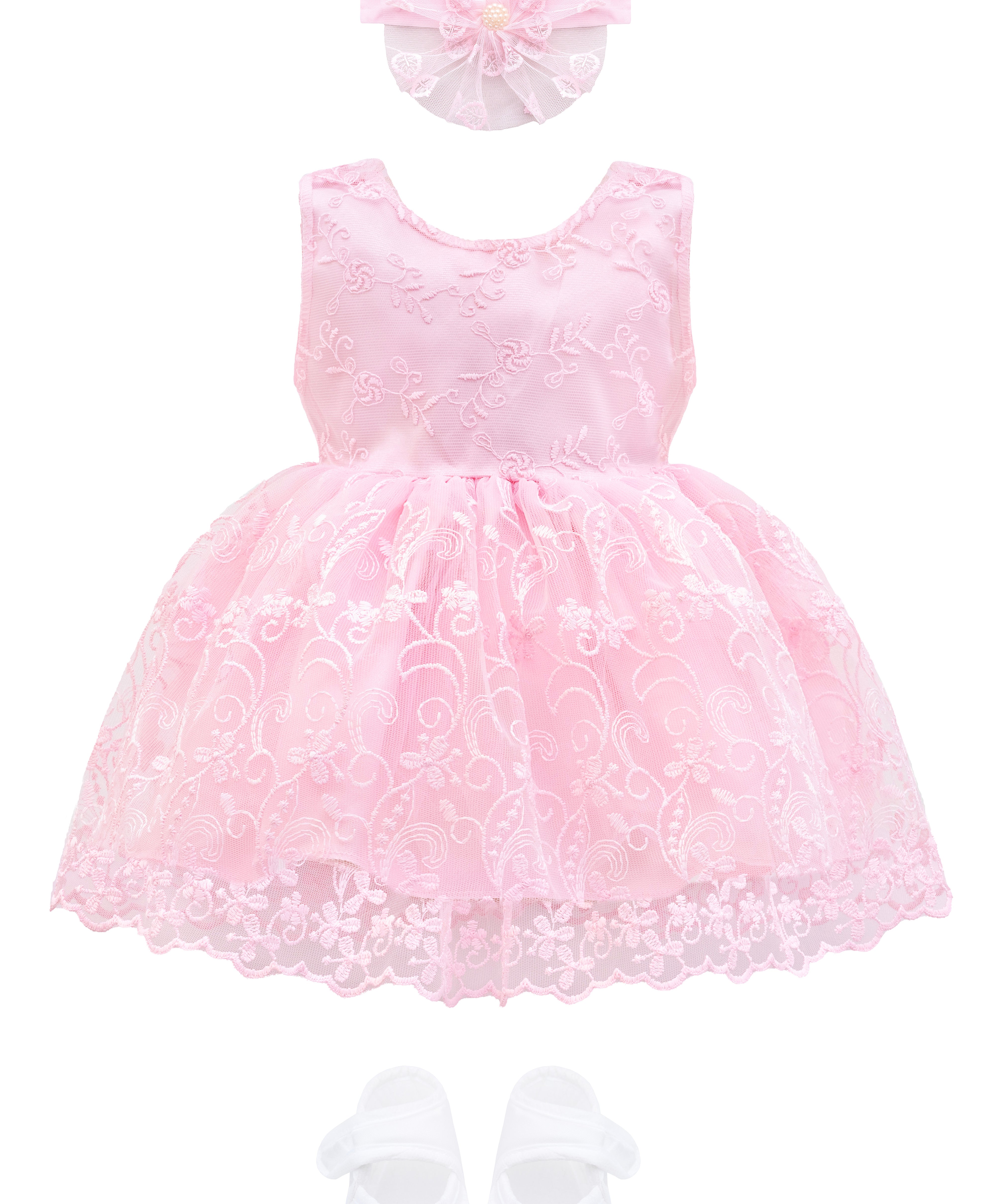 Lilax Baby Girls' Lace Floral Embroidered Dress with Matching Shoes and Headband, 0-6 Months Christening Baptism Dress