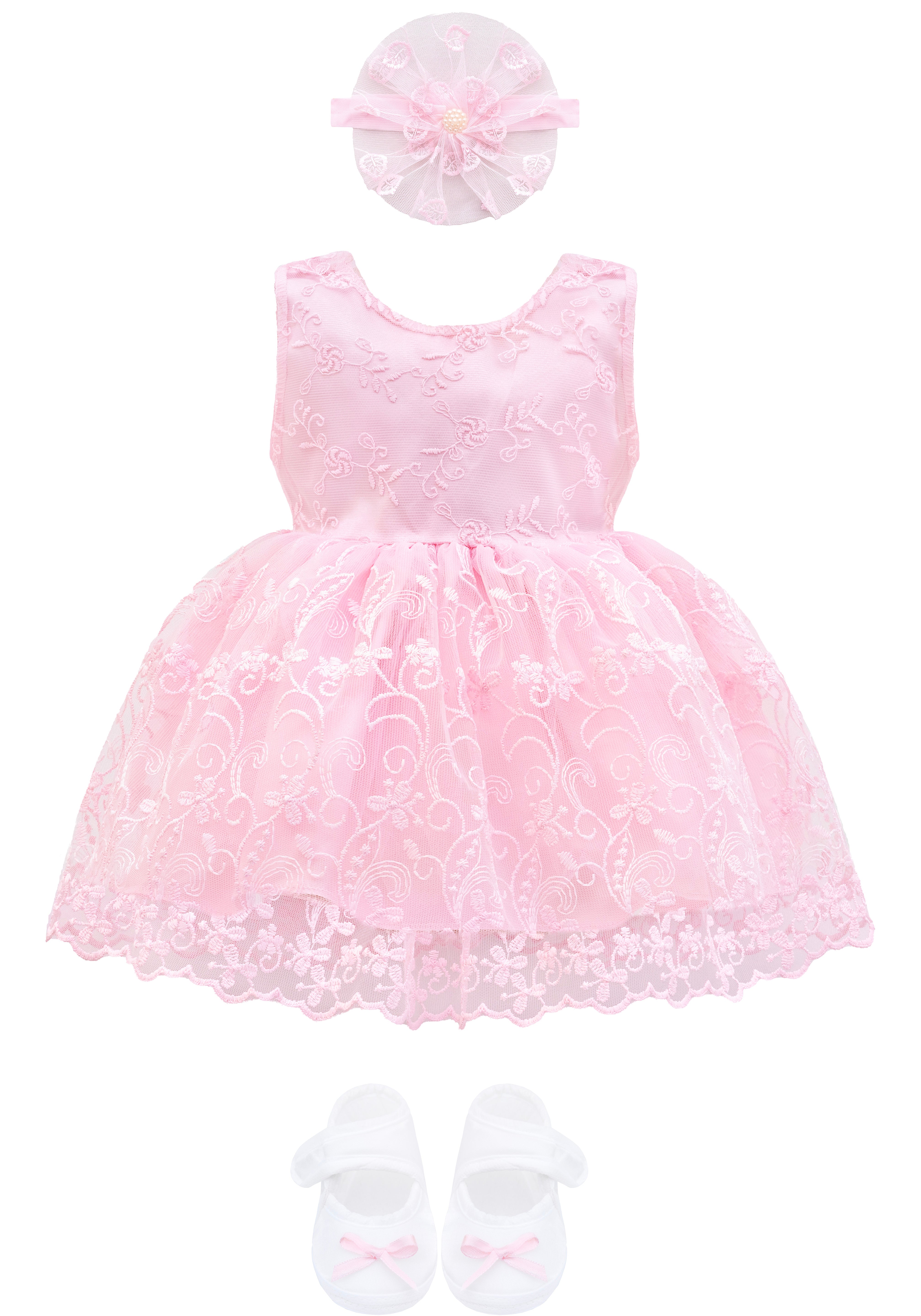 Lilax Baby Girls' Lace Floral Embroidered Dress with Matching Shoes and Headband, 0-6 Months Christening Baptism Dress