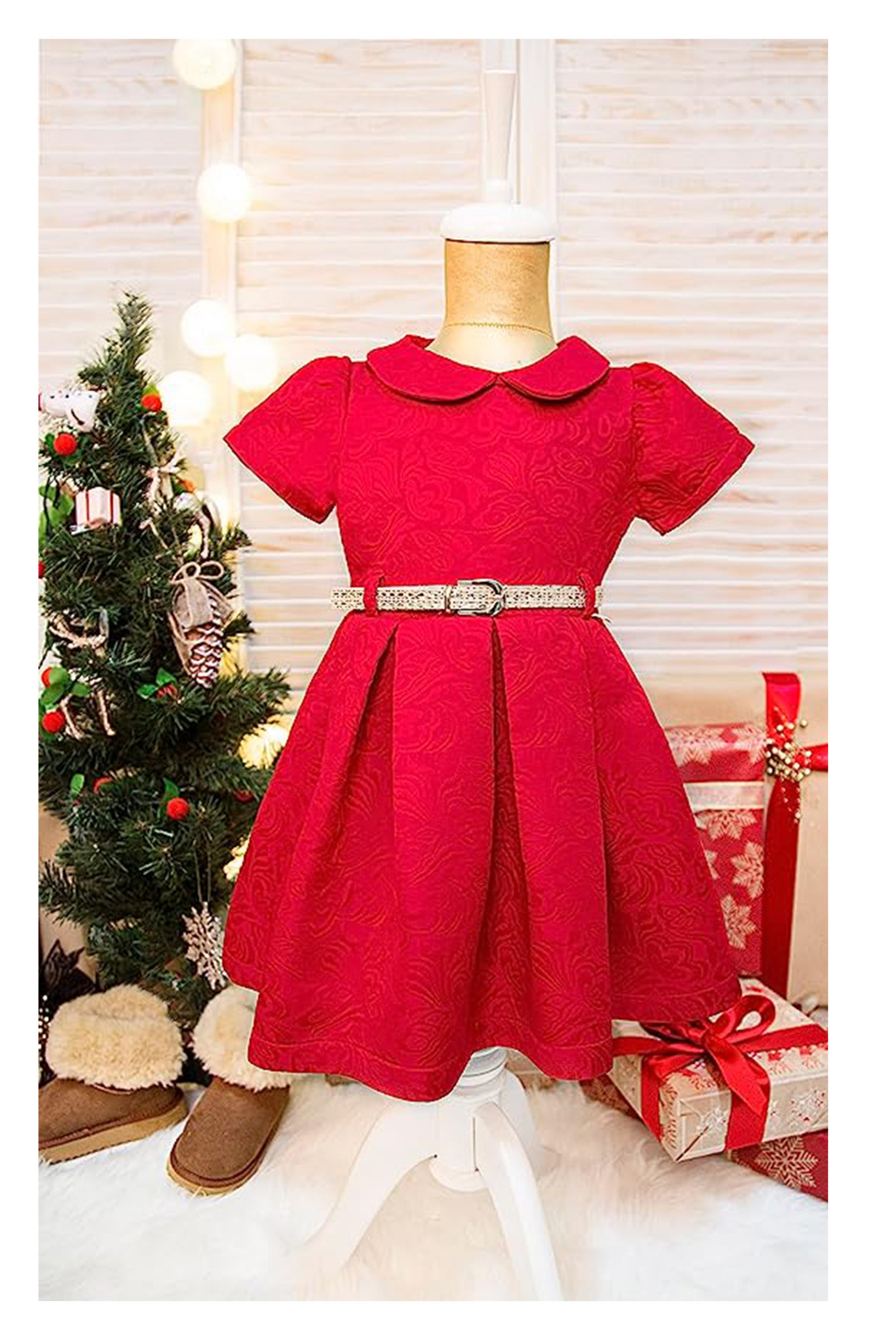 Girls collared short sleeve dress with belt; perfect for christmas gift ideas