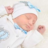 Jeweled crown newborn layette with footie, hat, mittens with bows; perfect christmas pajamas and christmas gift ideas