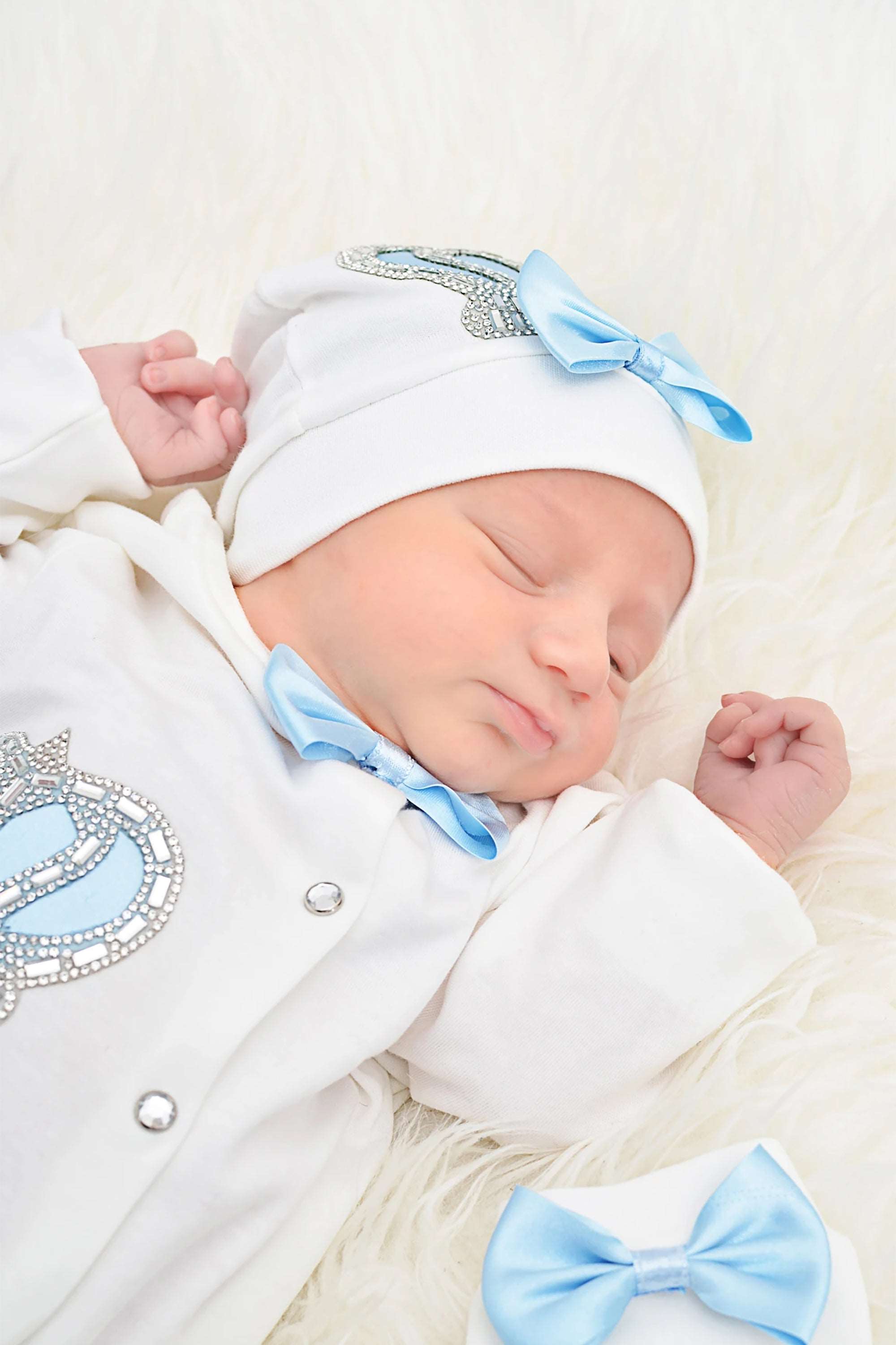 Jeweled crown newborn layette with footie, hat, mittens with bows; perfect christmas pajamas and christmas gift ideas