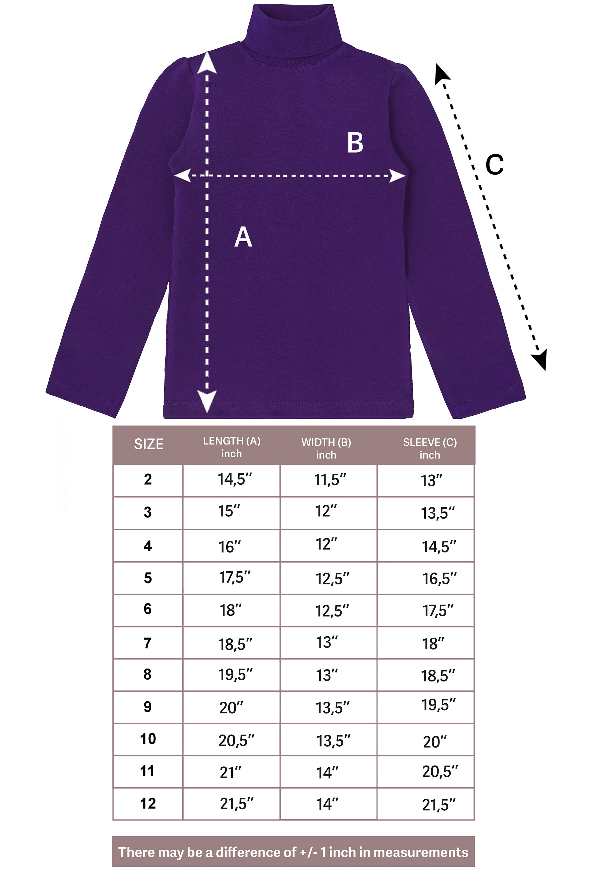 Girls' Solid Cotton Shirt Basic Long Sleeve Turtleneck T-Shirt / 9 to 12 Years LILAX