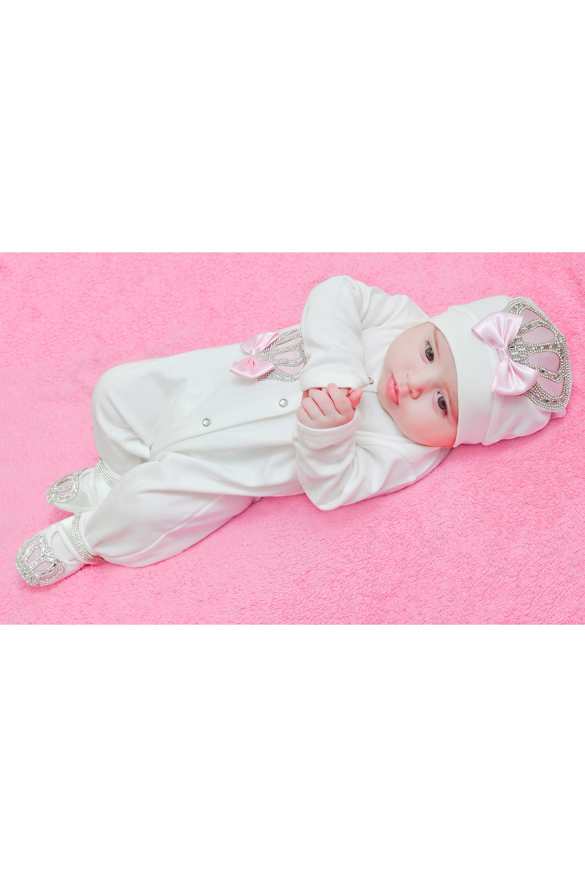 Jeweled crown newborn layette with footie, hat, mittens with bows; perfect christmas pajamas and Christmas gift ideas