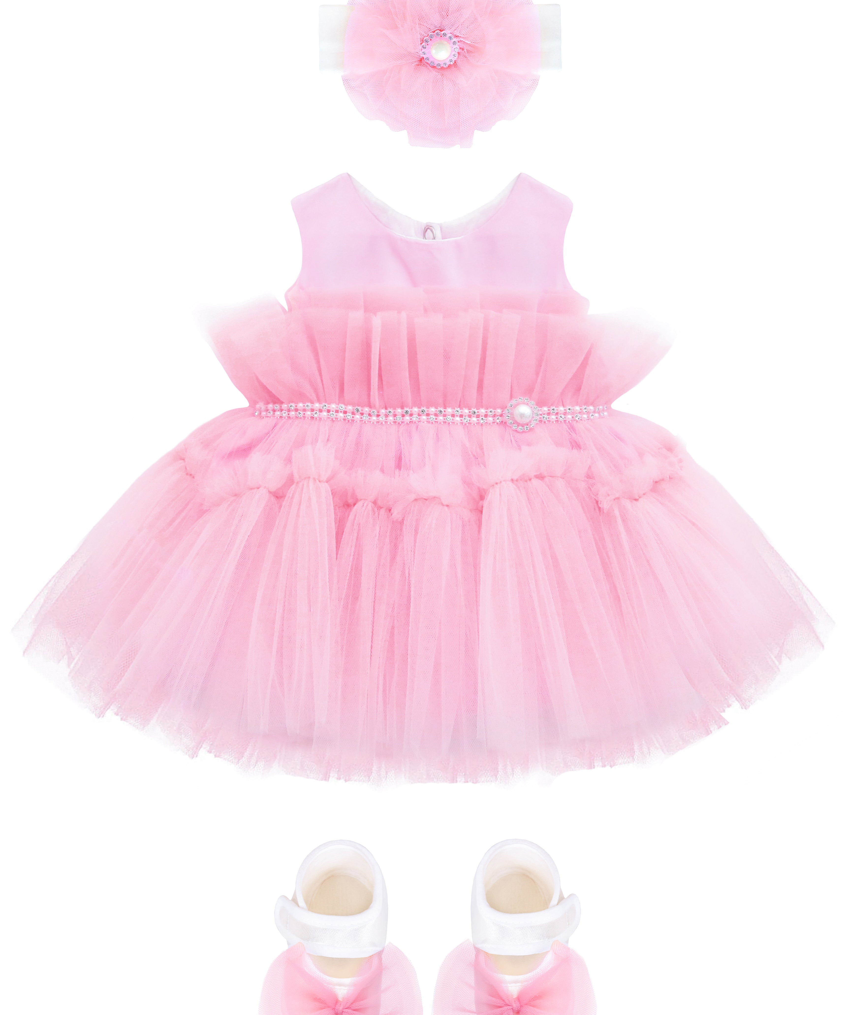 Baby girls layered tulle skirt dress and bow attached jeweled belt; perfect for baby girl clothes & christmas gift ideas  