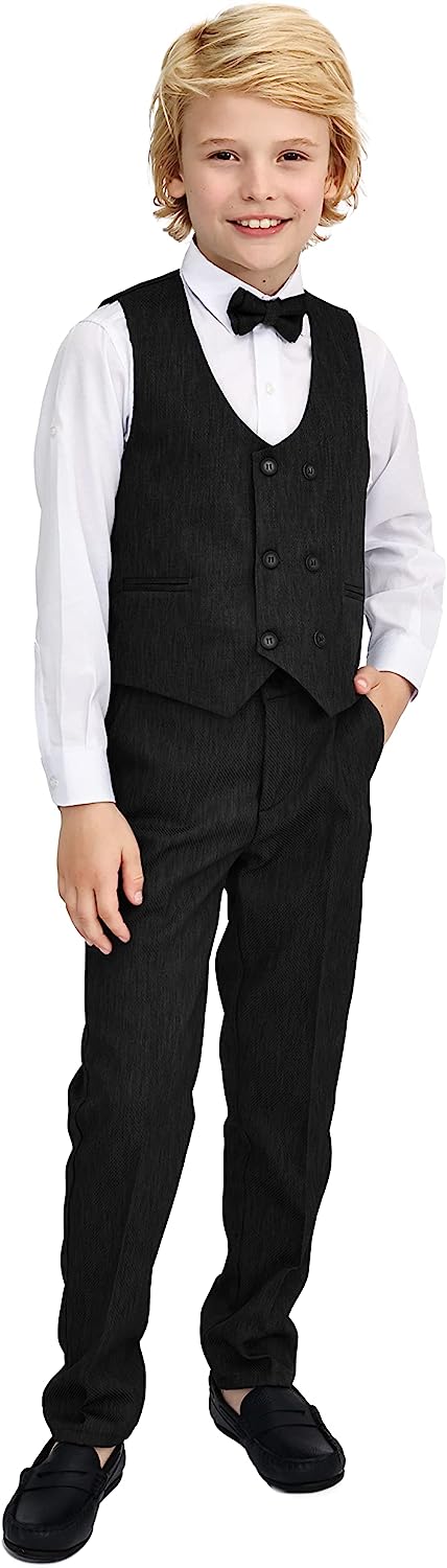 Toddler & Youth Boys 4 Piece Formal Suit Set V-Neck Vest White Dress Shirt Dress Pants and Bowtie LILAX