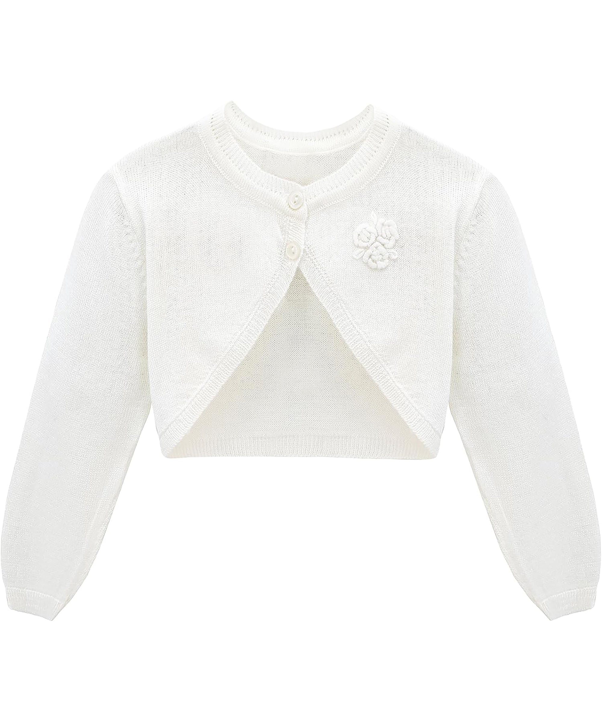 Baby girls bolero shrug cardigan with ribbed edges and flower decor; perfect baby girl clothes & christmas gift ideas 