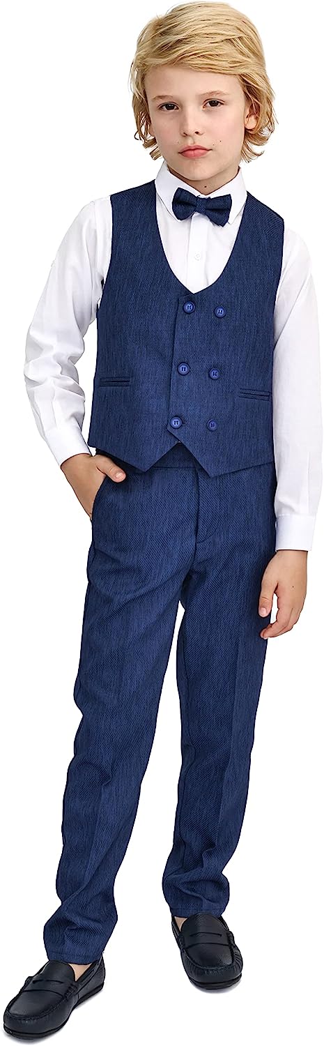 Toddler & Youth Boys 4 Piece Formal Suit Set V-Neck Vest White Dress Shirt Dress Pants and Bowtie LILAX