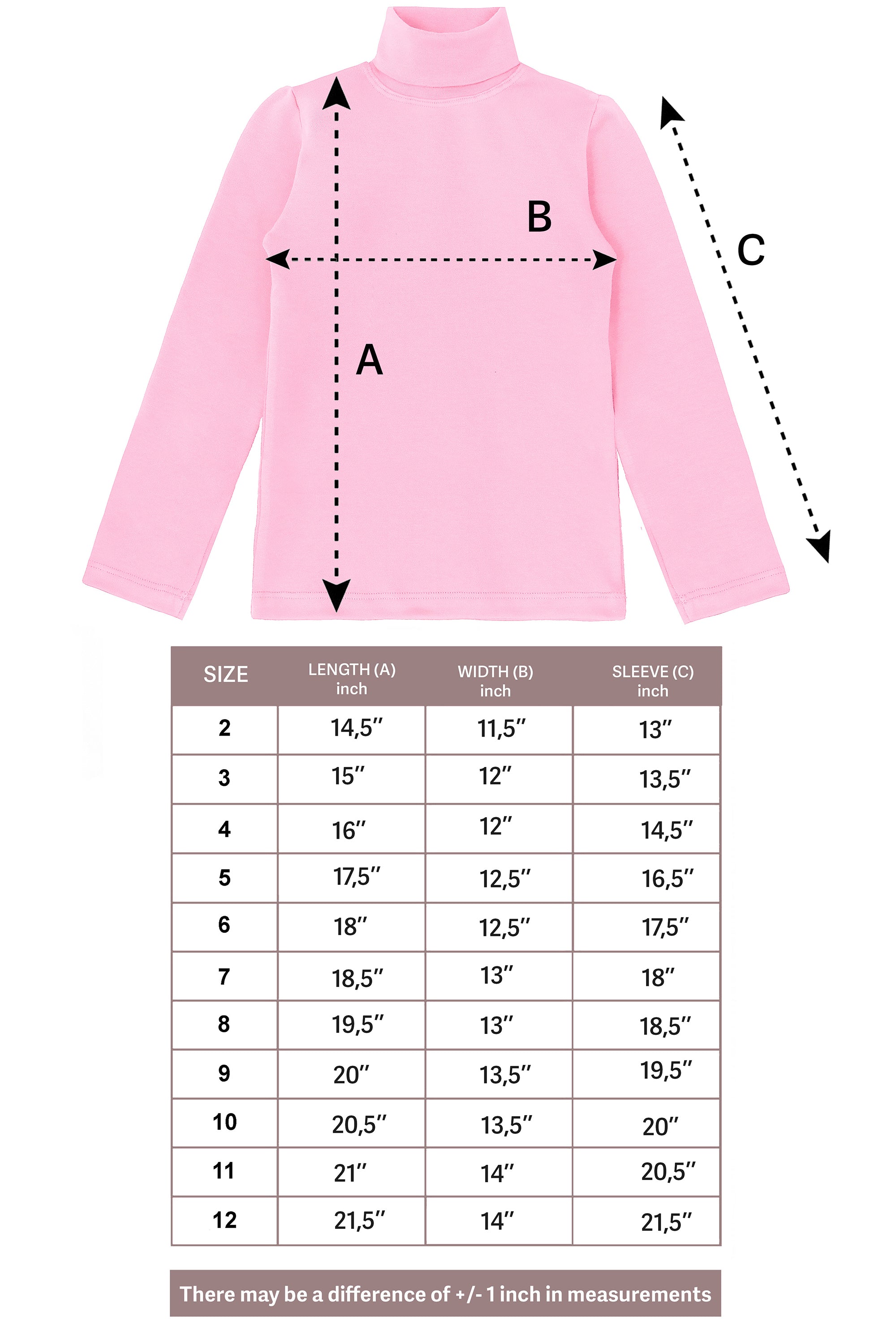 Girls' Solid Cotton Shirt Basic Long Sleeve Turtleneck T-Shirt / 5 to 8 Years LILAX