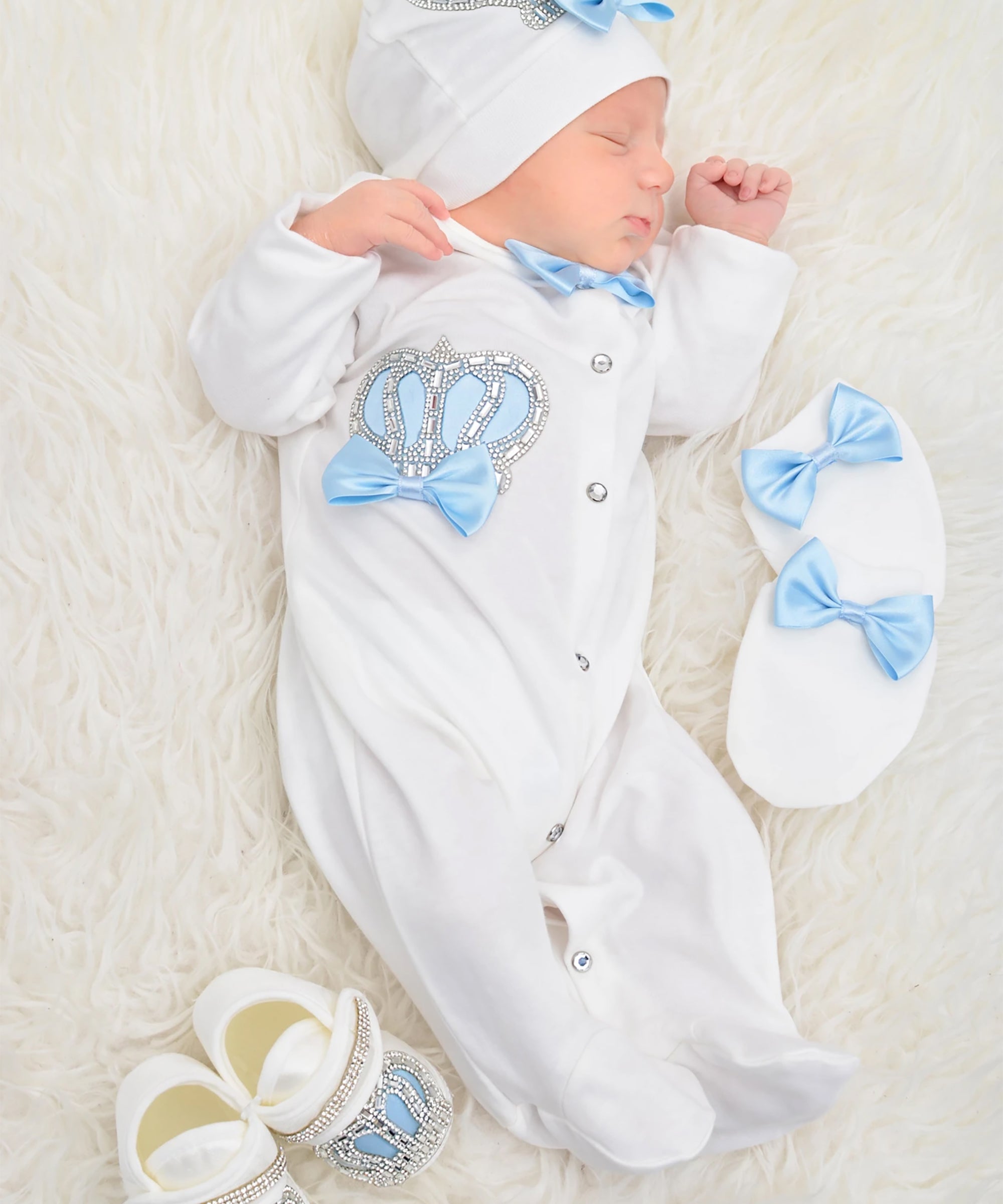 Jeweled crown newborn layette with footie, hat, mittens with bows, shoes; perfect for Christmas gift ideas