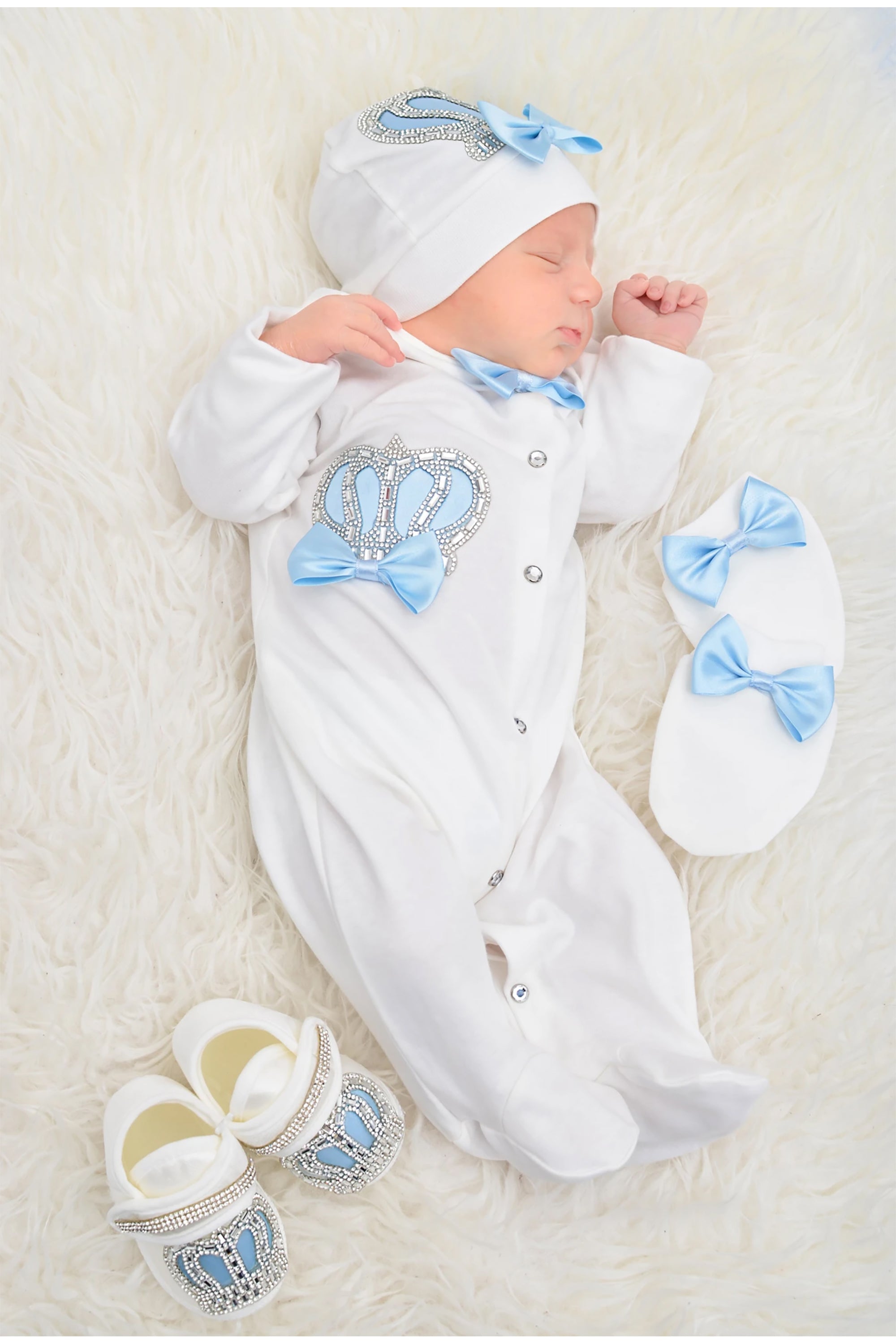 Jeweled crown newborn layette with footie, hat, mittens with bows, shoes; perfect for Christmas gift ideas