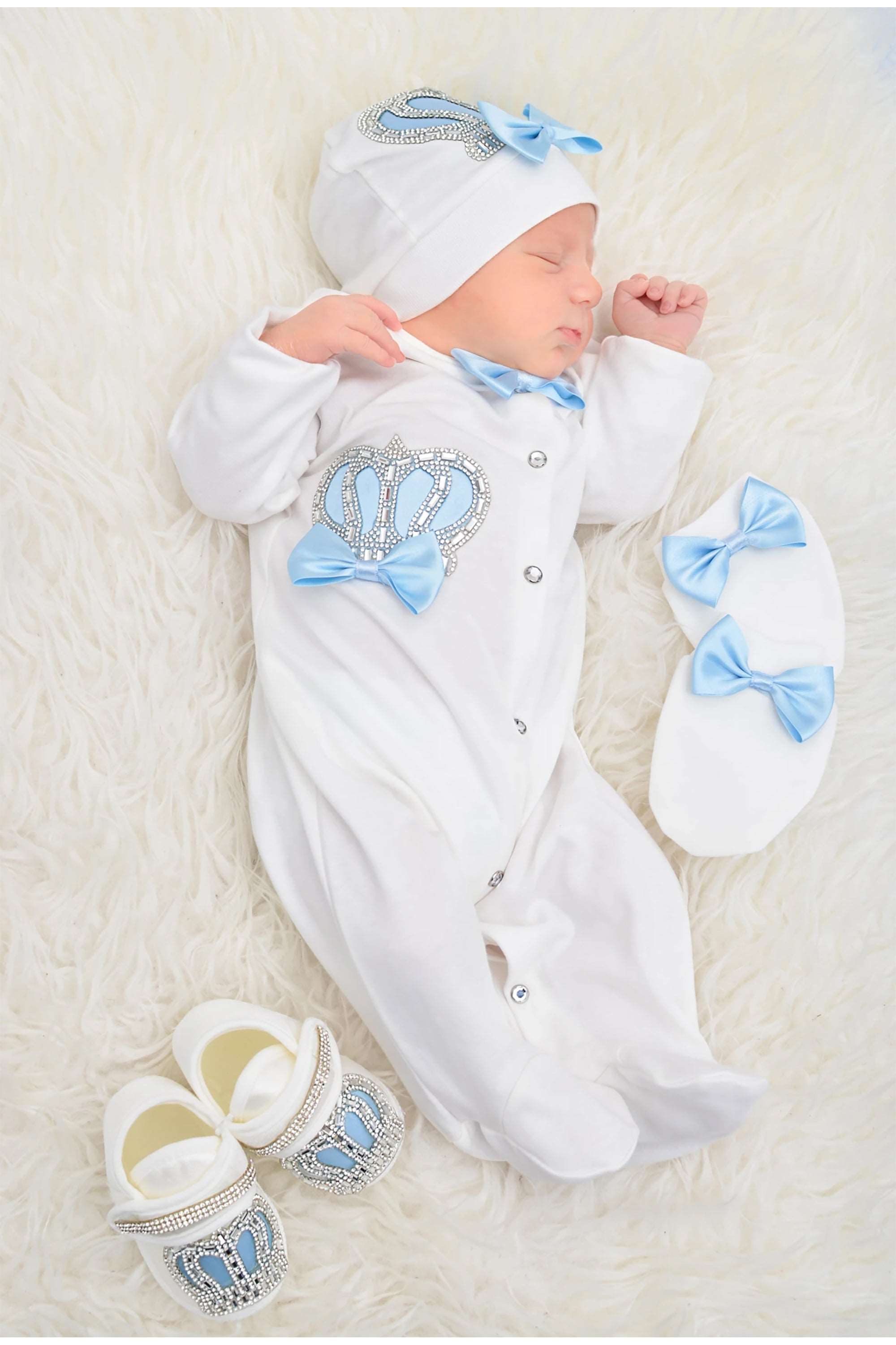 Jeweled crown newborn layette with footie, hat, mittens with bows; perfect christmas pajamas and christmas gift ideas