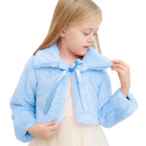 Puffy cozy girls’ bolero jacket with oversized collar and tied bow; perfect girls christmas dress and Christmas gift ideas