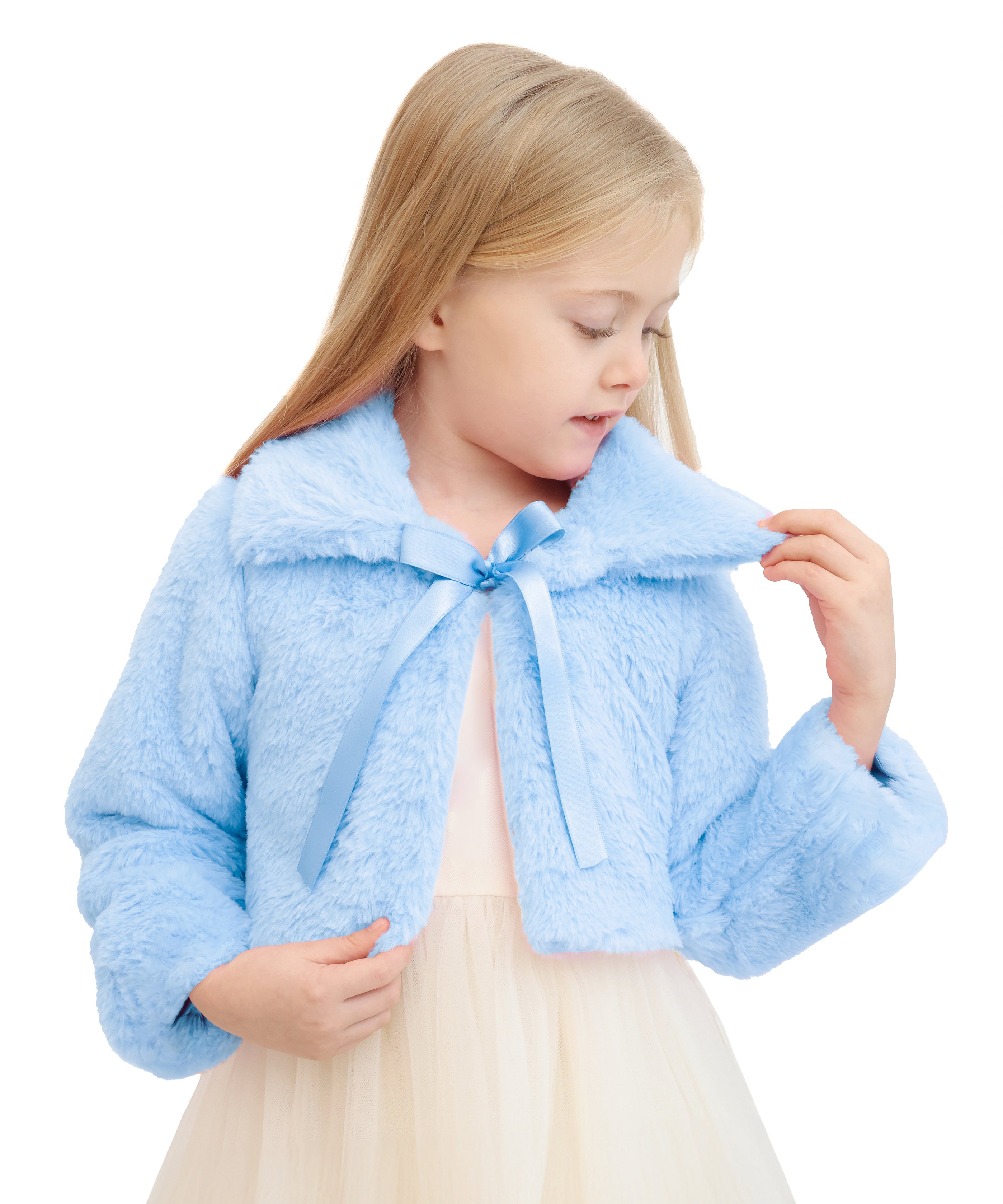 Puffy cozy girls’ bolero jacket with oversized collar and tied bow; perfect girls christmas dress and Christmas gift ideas 