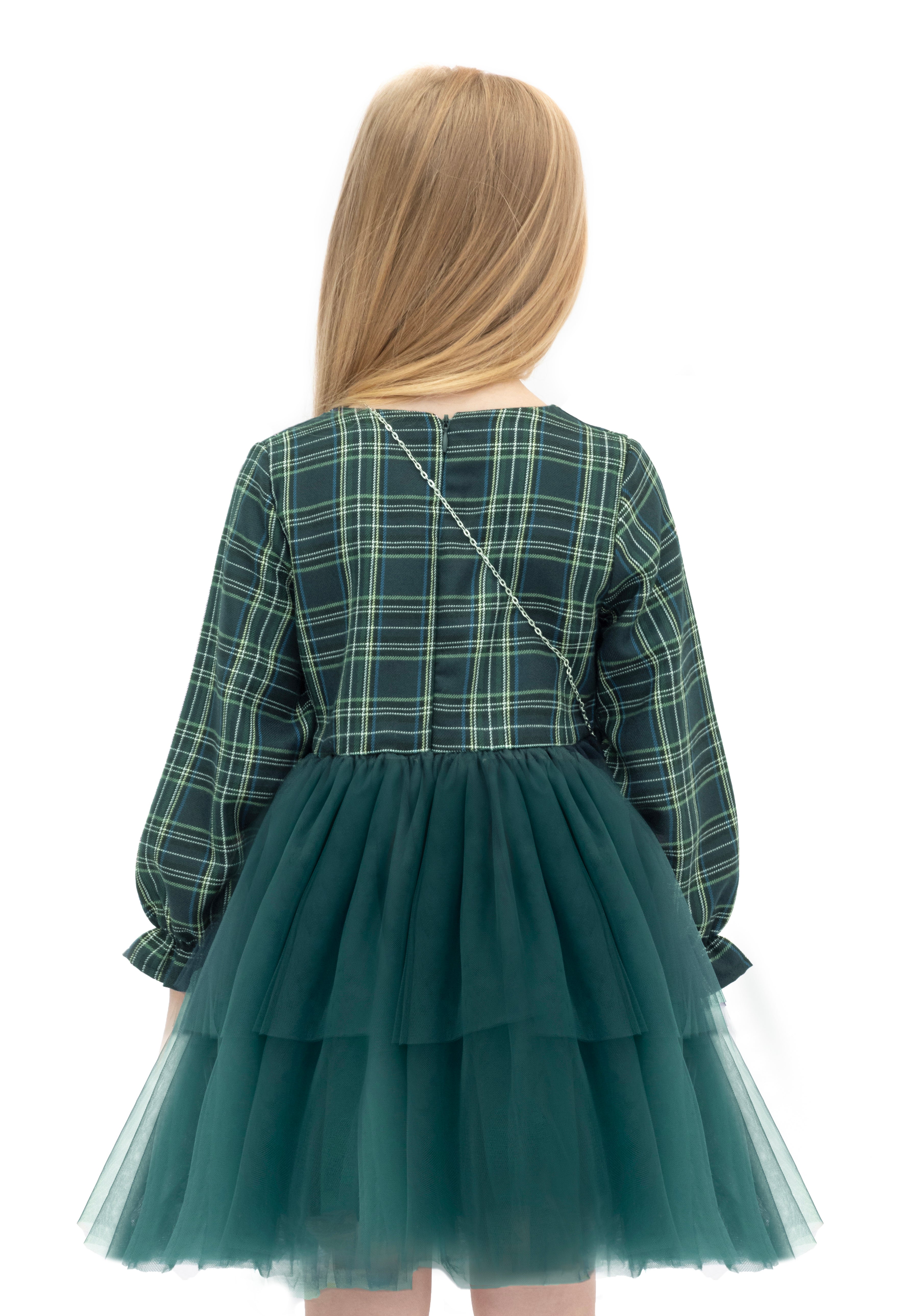 Girls' cotton plaid dress with attached tulle skirt; perfect girls christmas dress & Christmas gift ideas  