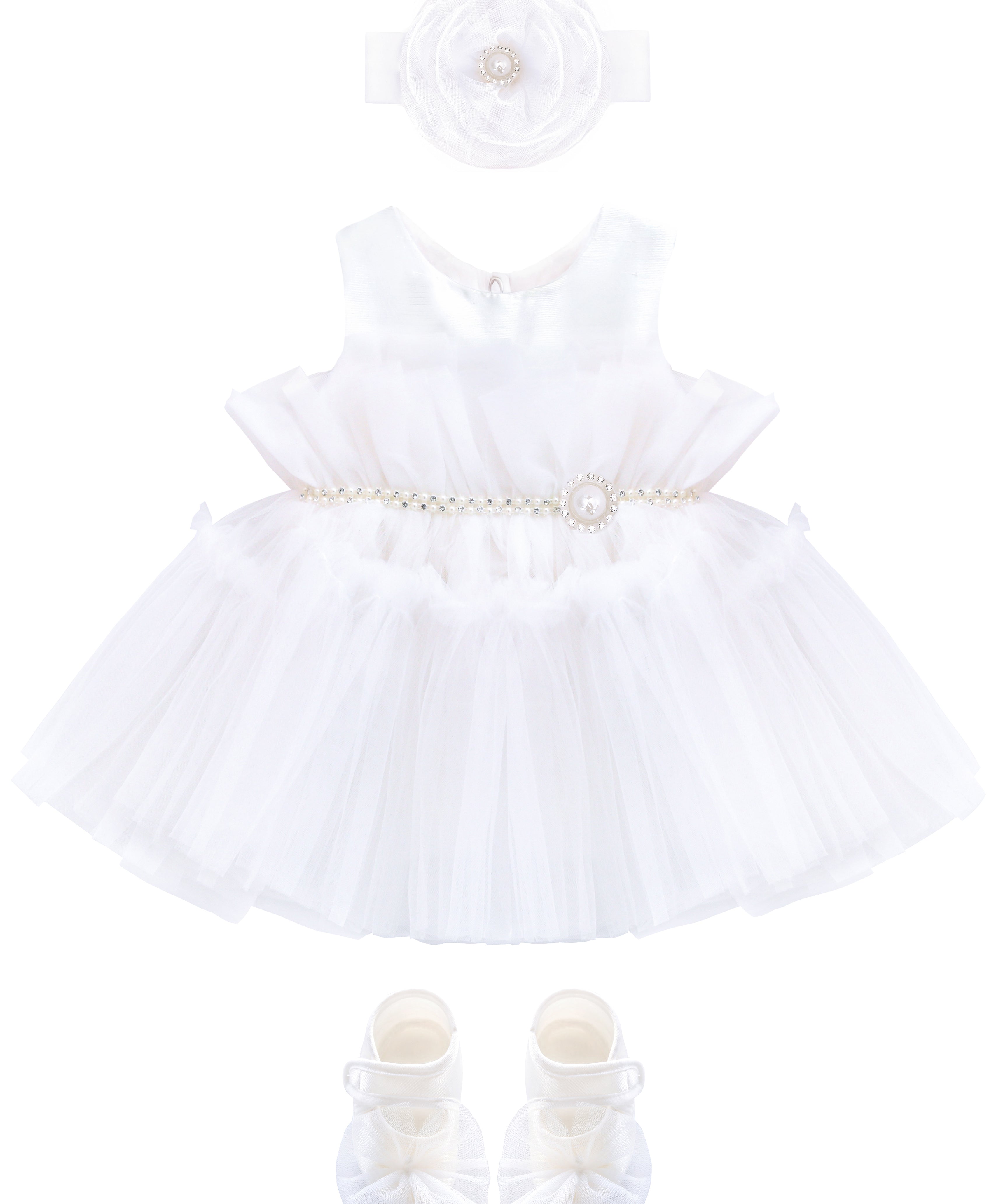 Baby girls layered tulle skirt dress and bow attached jeweled belt; perfect for baby girl clothes & christmas gift ideas  