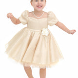 Baby girl gold dress with tulle skirt and polka dots; perfect for baby girl clothes & christmas gift ideas