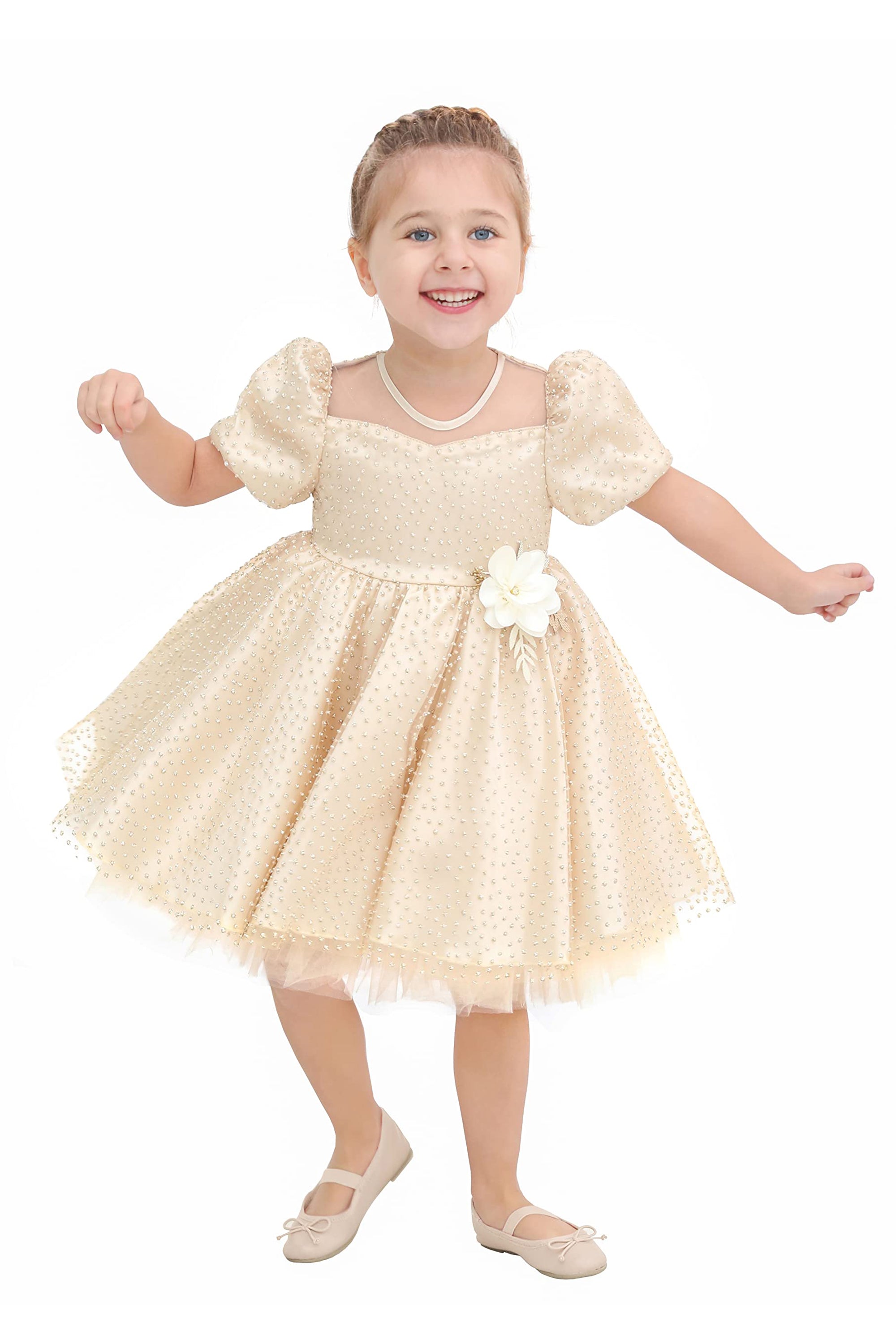 Baby girl gold dress with tulle skirt and polka dots; perfect for baby girl clothes & christmas gift ideas