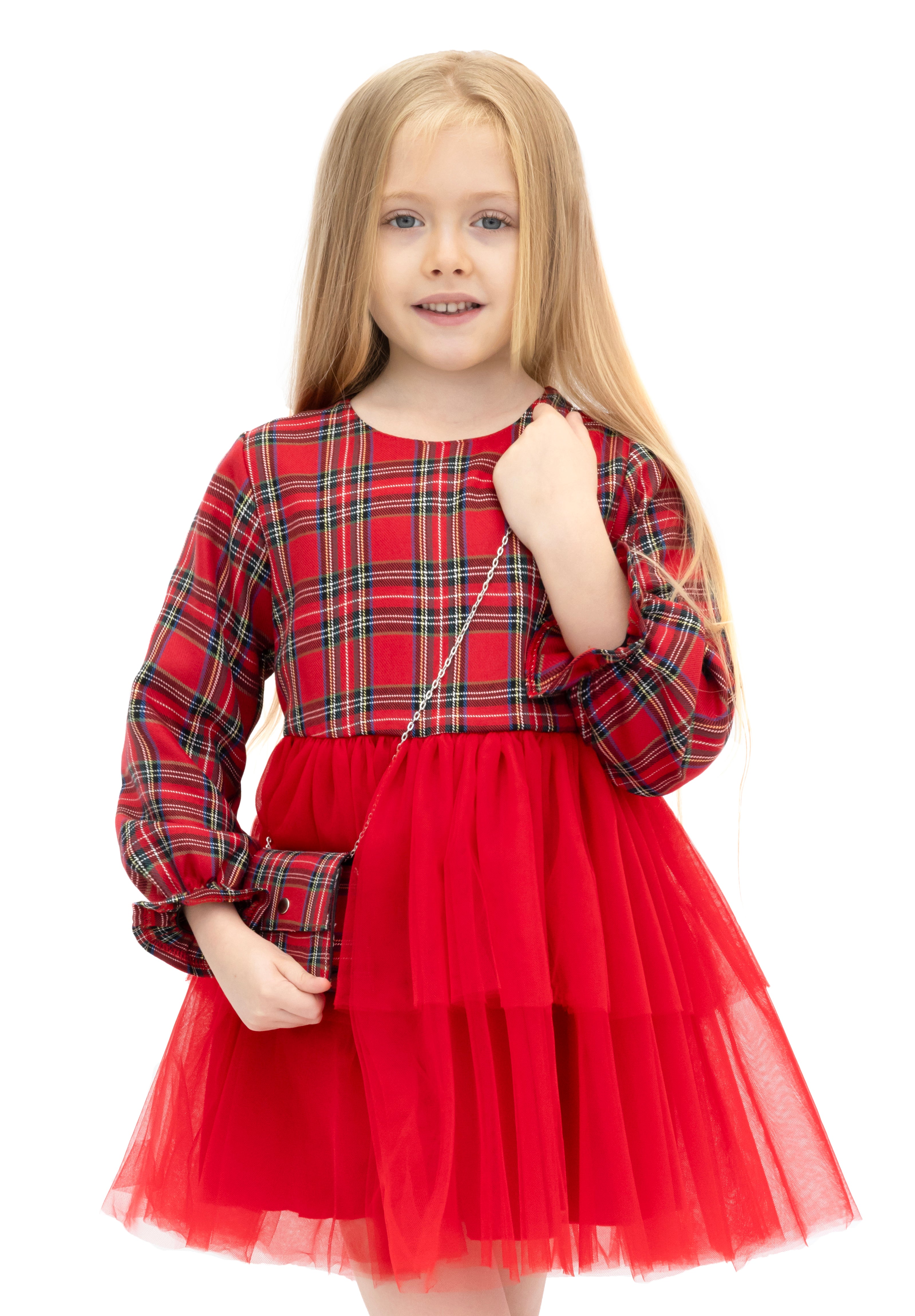 Girls' cotton plaid dress with attached tulle skirt; perfect girls christmas dress & Christmas gift ideas  