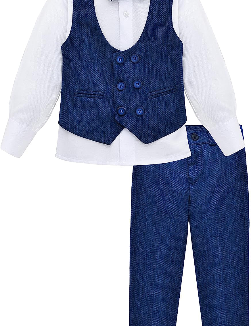 Boys 4 piece tuxedo suit with shirt, pants, vest and bow tie; perfect for baby boy clothes & christmas gift ideas  