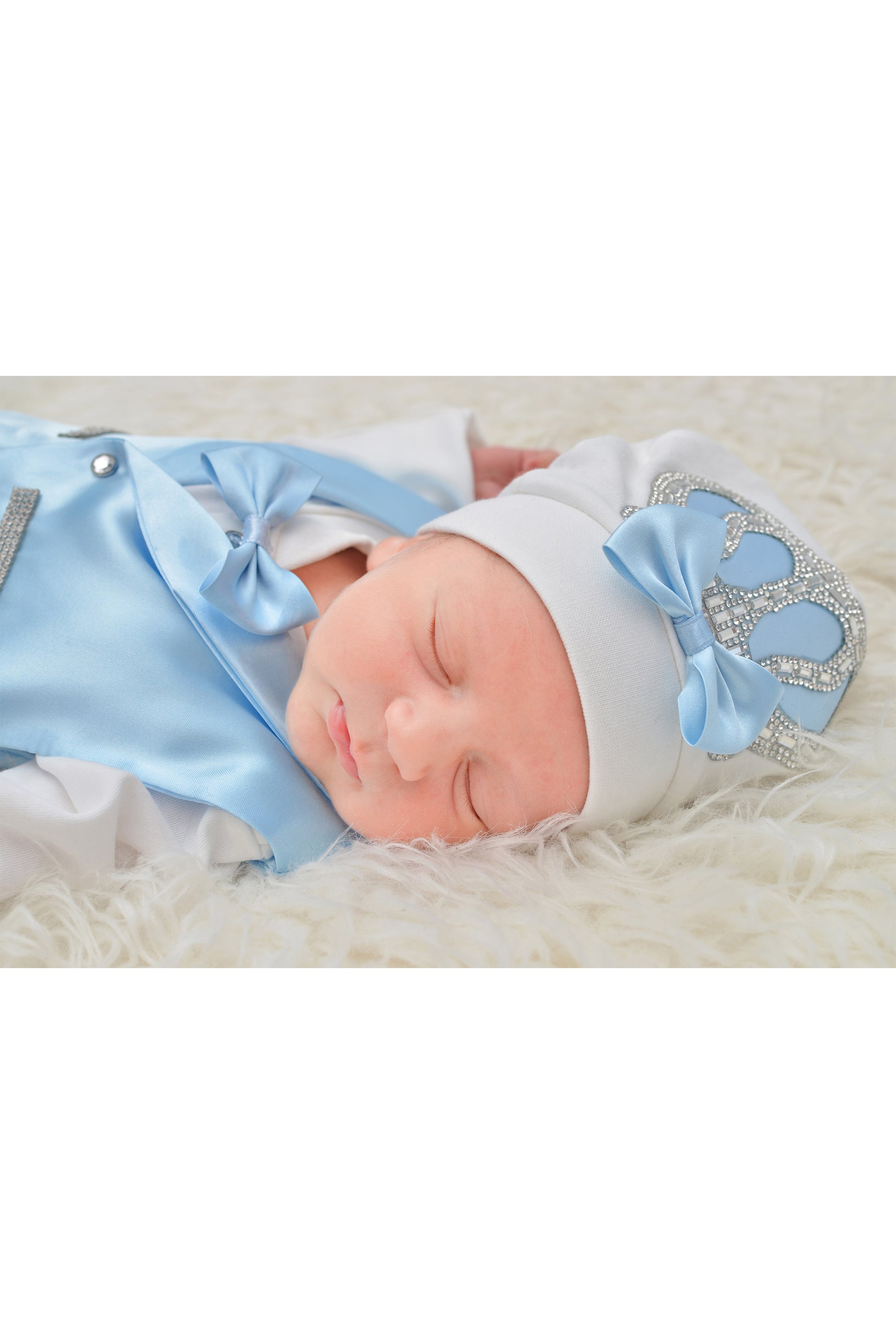 Jeweled crown newborn layette with footie, hat, mittens with bows, & shoes; perfect for Christmas gift ideas